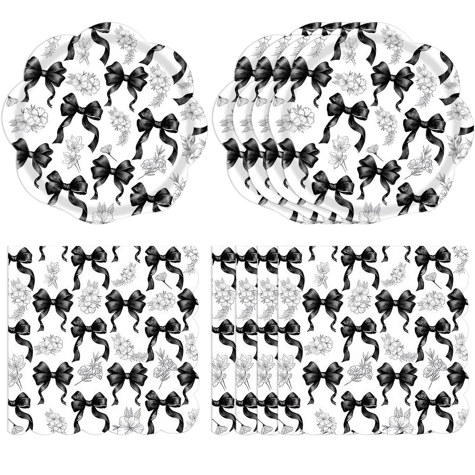 Actoridae 40PCS Black Bow Paper Plates and Napkins Set - Disposable Black and White birthday Party Supplies for Girls & Women, Coquette Birthday