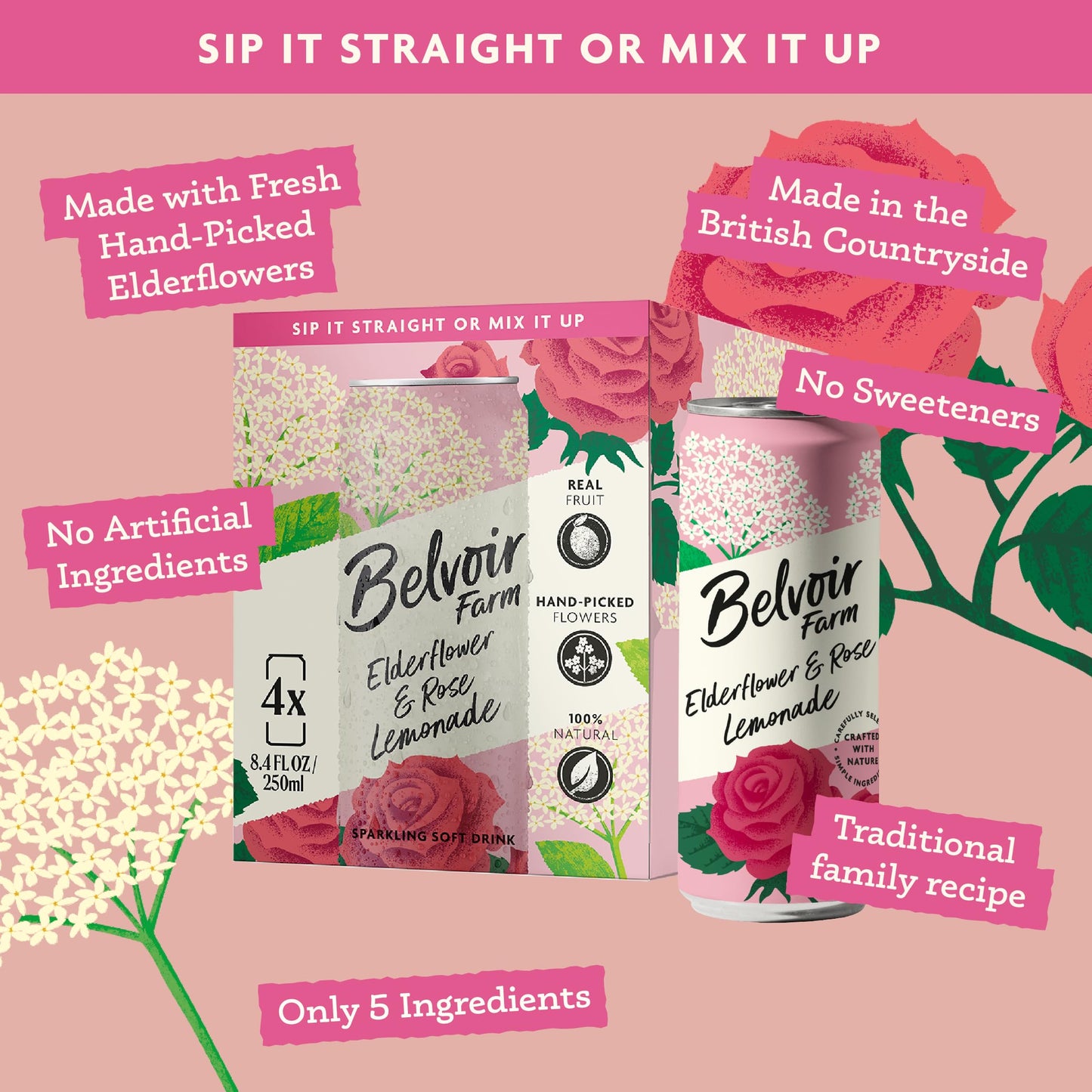 Belvoir Farm Elderflower & Rose Sparkling Lemonade | Delicious On It's Own Or As A Mixer | Product of UK | 4 Cans, 8.4 fl oz (250mL)