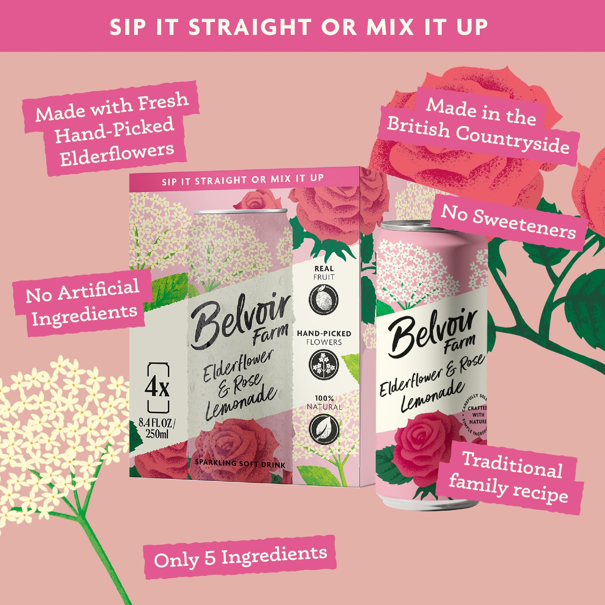 Belvoir Farm Elderflower & Rose Sparkling Lemonade | Delicious On It's Own Or As A Mixer | Product of UK | 4 Cans, 8.4 fl oz (250mL)