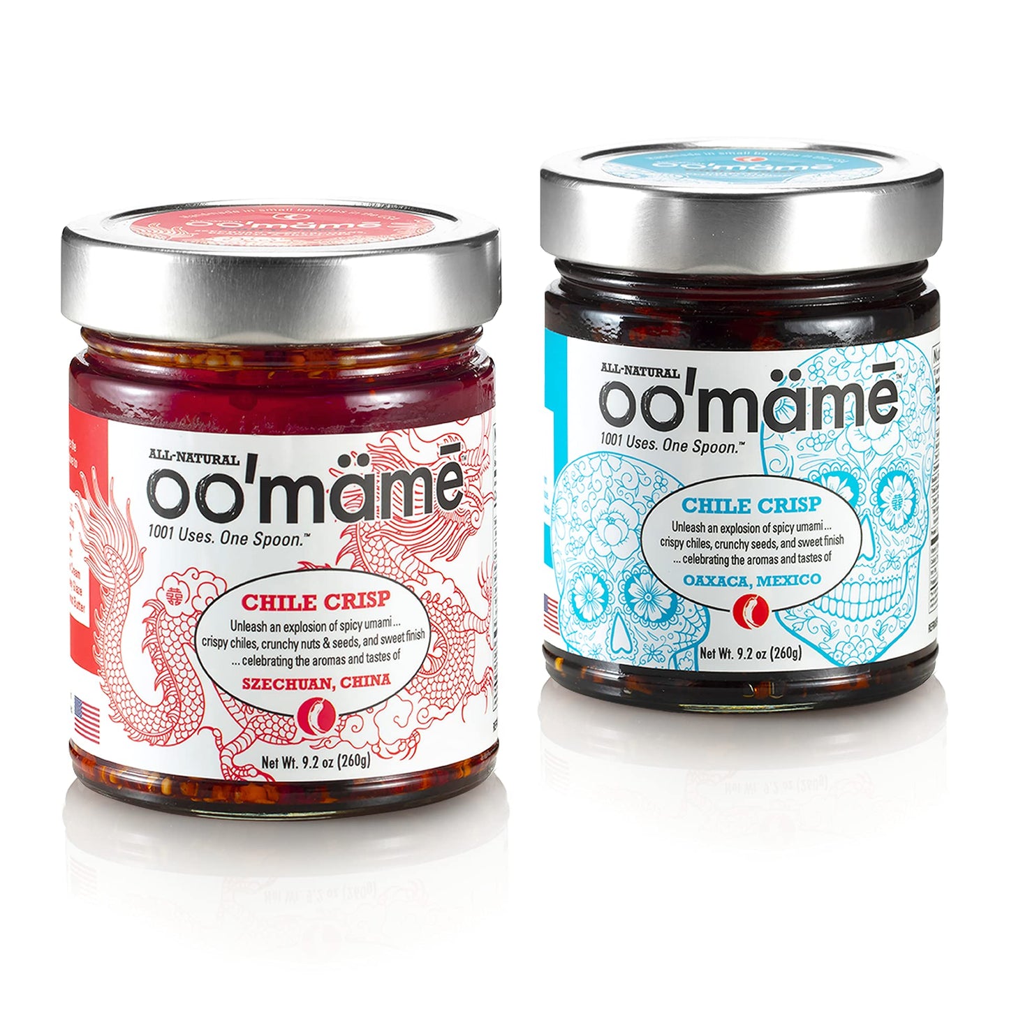 OO'mäm? Chinese/Mexican Combo 2 Pack (9.2 oz Each) - Szechuan Chinese Chile Crisp / Oaxaca Mexican Chile Crisp - Vegan, Gluten-Free, Keto - Made in