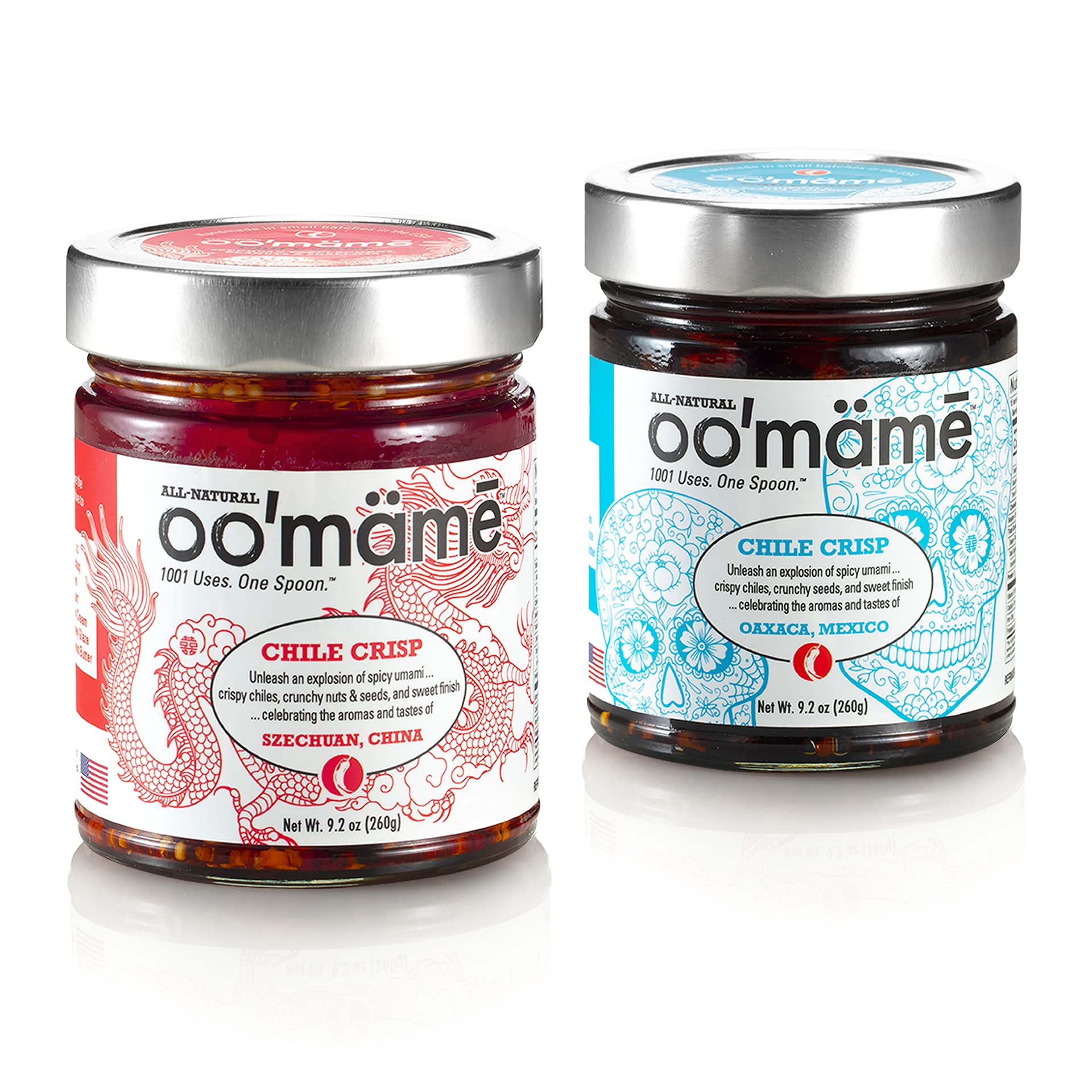 OO'mäm? Chinese/Mexican Combo 2 Pack (9.2 oz Each) - Szechuan Chinese Chile Crisp / Oaxaca Mexican Chile Crisp - Vegan, Gluten-Free, Keto - Made in