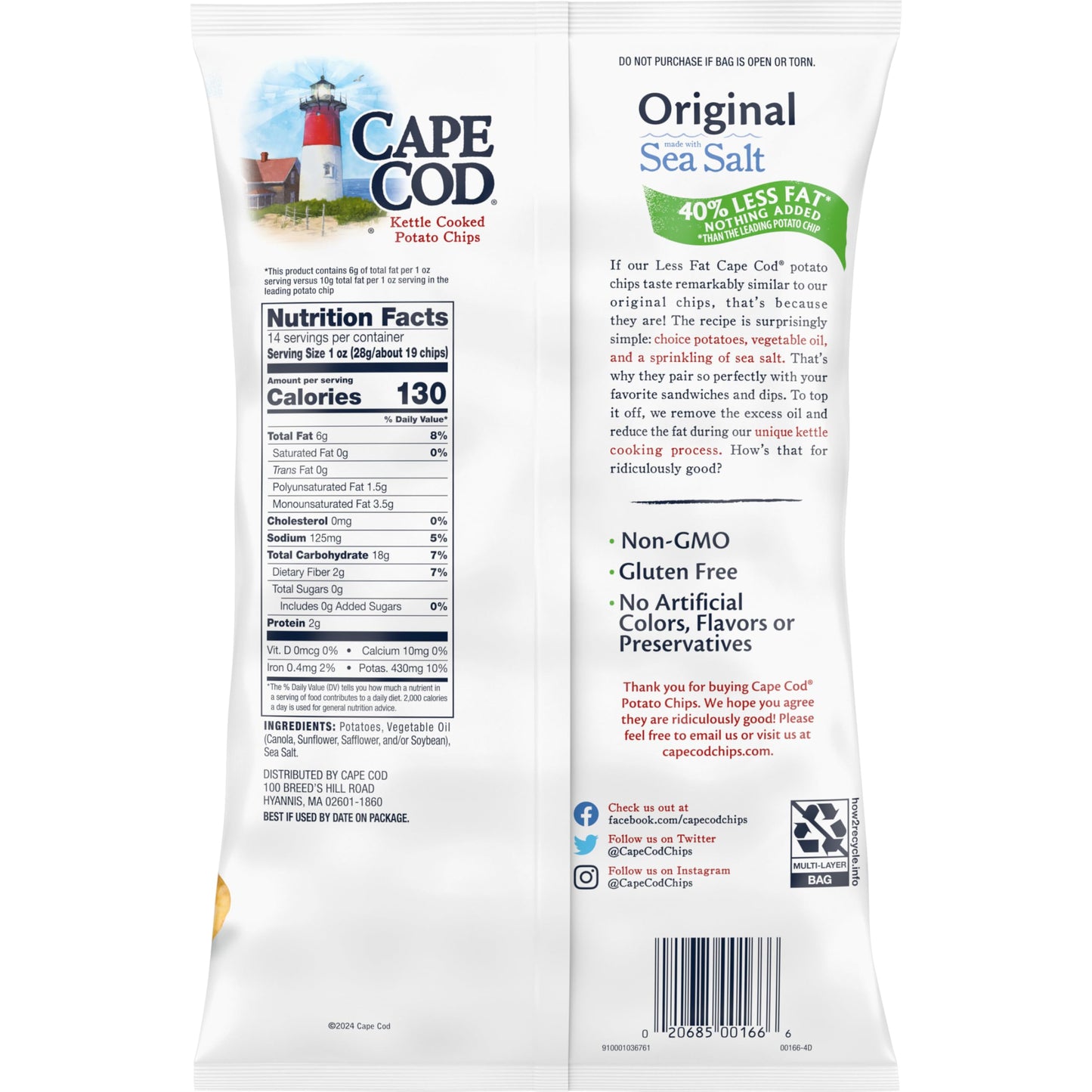 Cape Cod Potato Chips, Less Fat Original Kettle Chips, 14 Oz