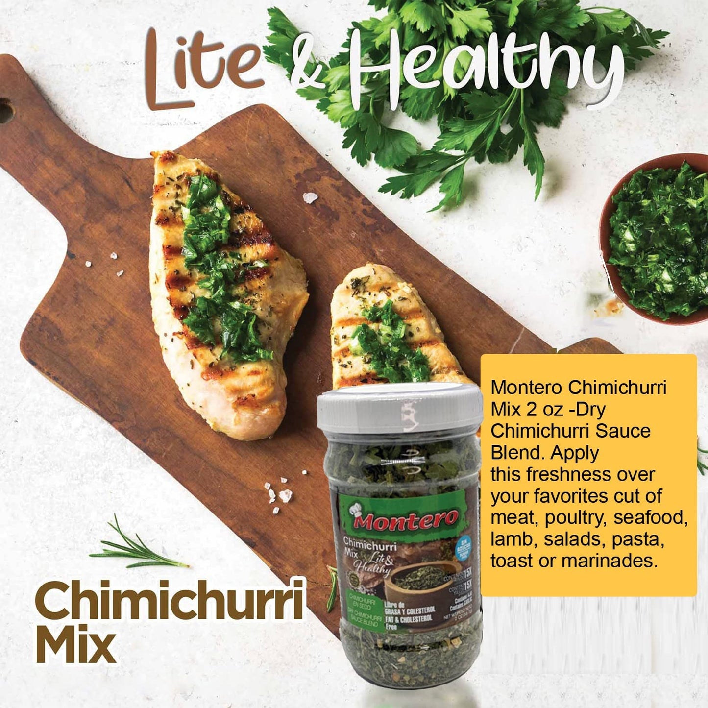 Montero Chimichurri Mix 2oz - Dry Chimichurri Sauce Blend - Fat & Cholesterol Free - Sugar Free - Lite & Healthy