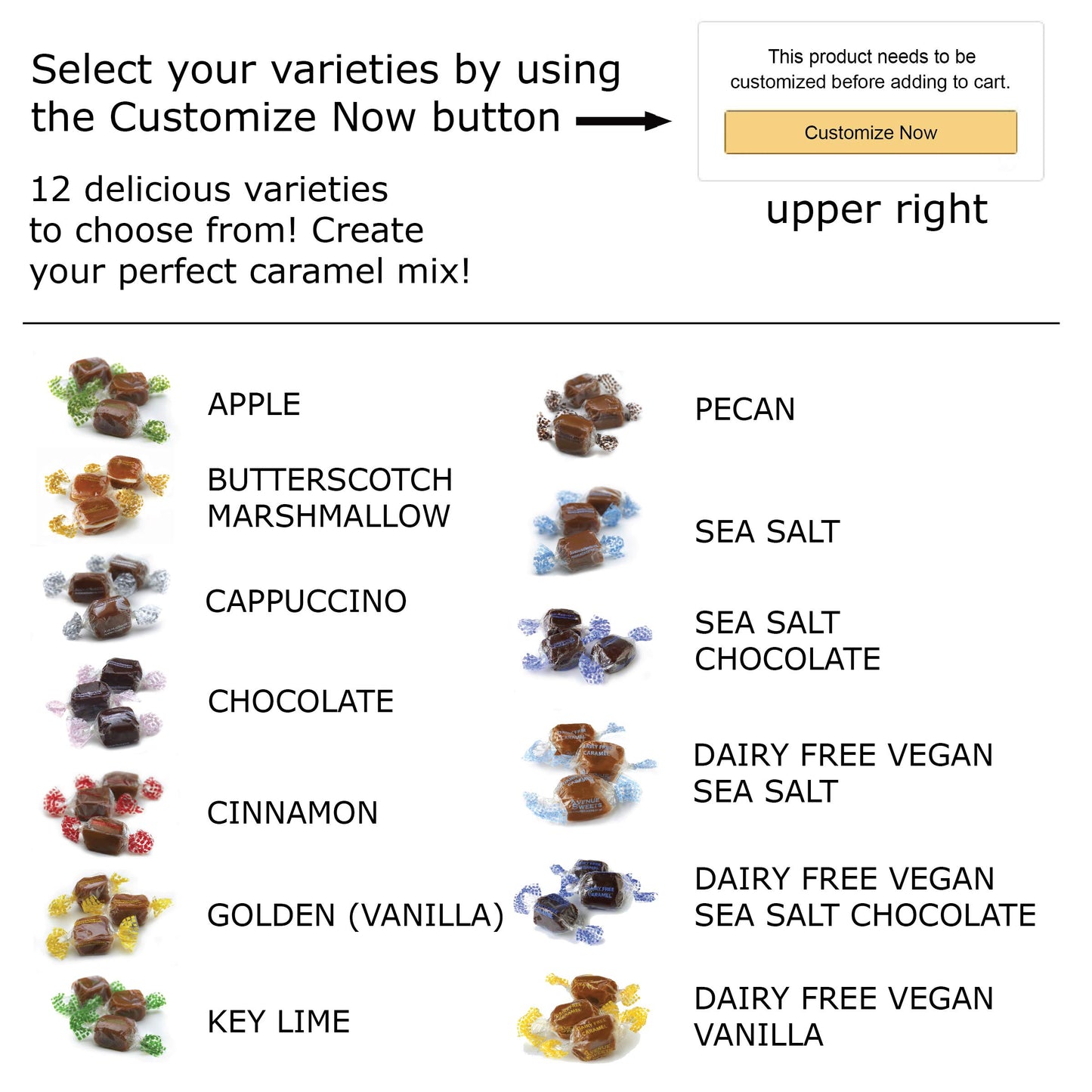 AvenueSweets - Handcrafted Individually Wrapped Soft Caramels - 1/2 Gallon Jar - Customize Your Flavors