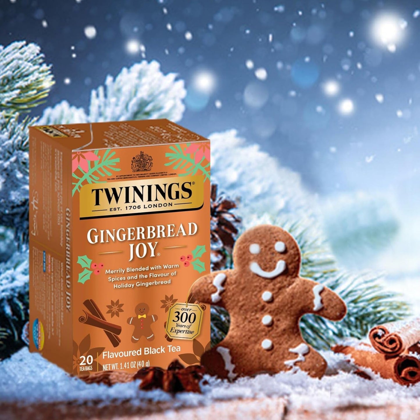 Twinings Gingerbread Joy Holiday Tea, Black Tea Naturally Flavored with Cinnamon and Ginger, Tea Bags Individually Wrapped, 20 Count Ea (Pack of 2)