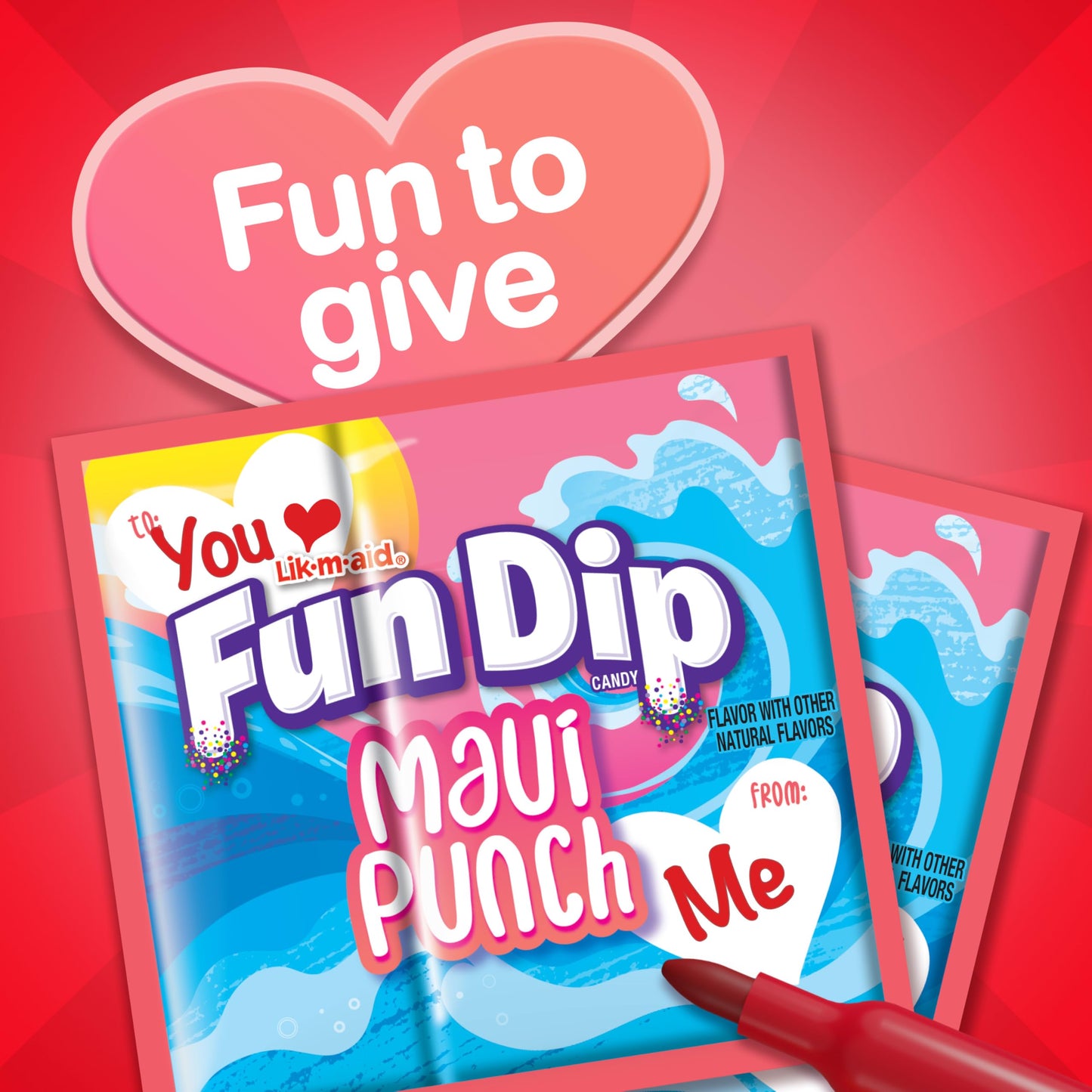 Lik-M-Aid Fun Dip Valentines Day Candy Friendship Exchange Maui Punch, 10.32 oz, 24 Pouches