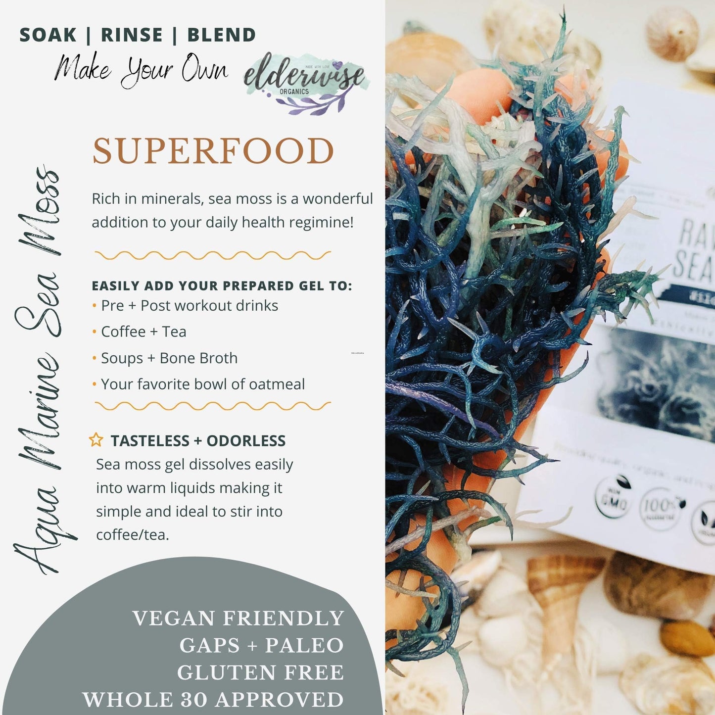 Sea Moss | Aqua Marine | Makes 24oz of Gel | Wildcrafted | Rare | Raw + Non GMO | Sundried | Green (Aqua Marine)