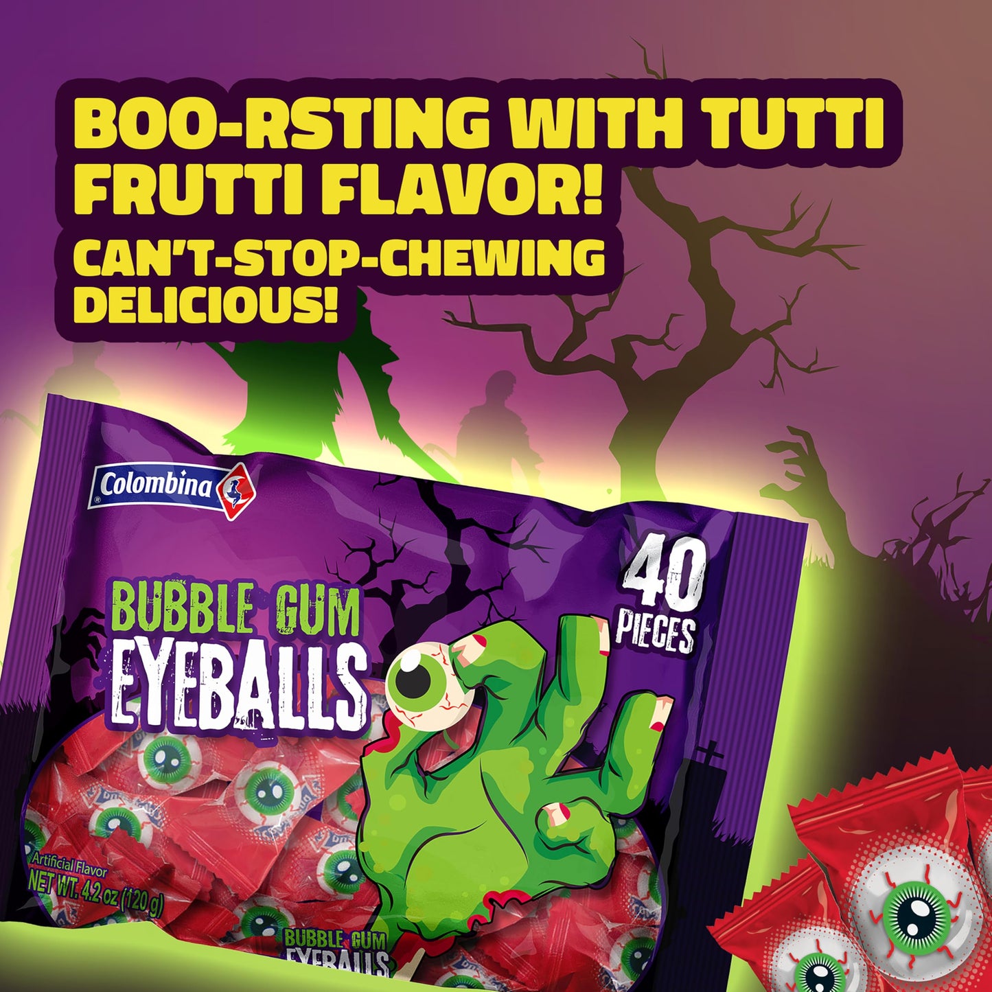 Colombina Scary Eyeballs Bubblegum, Halloween Party Favors, 40 Count (Pack of 1)