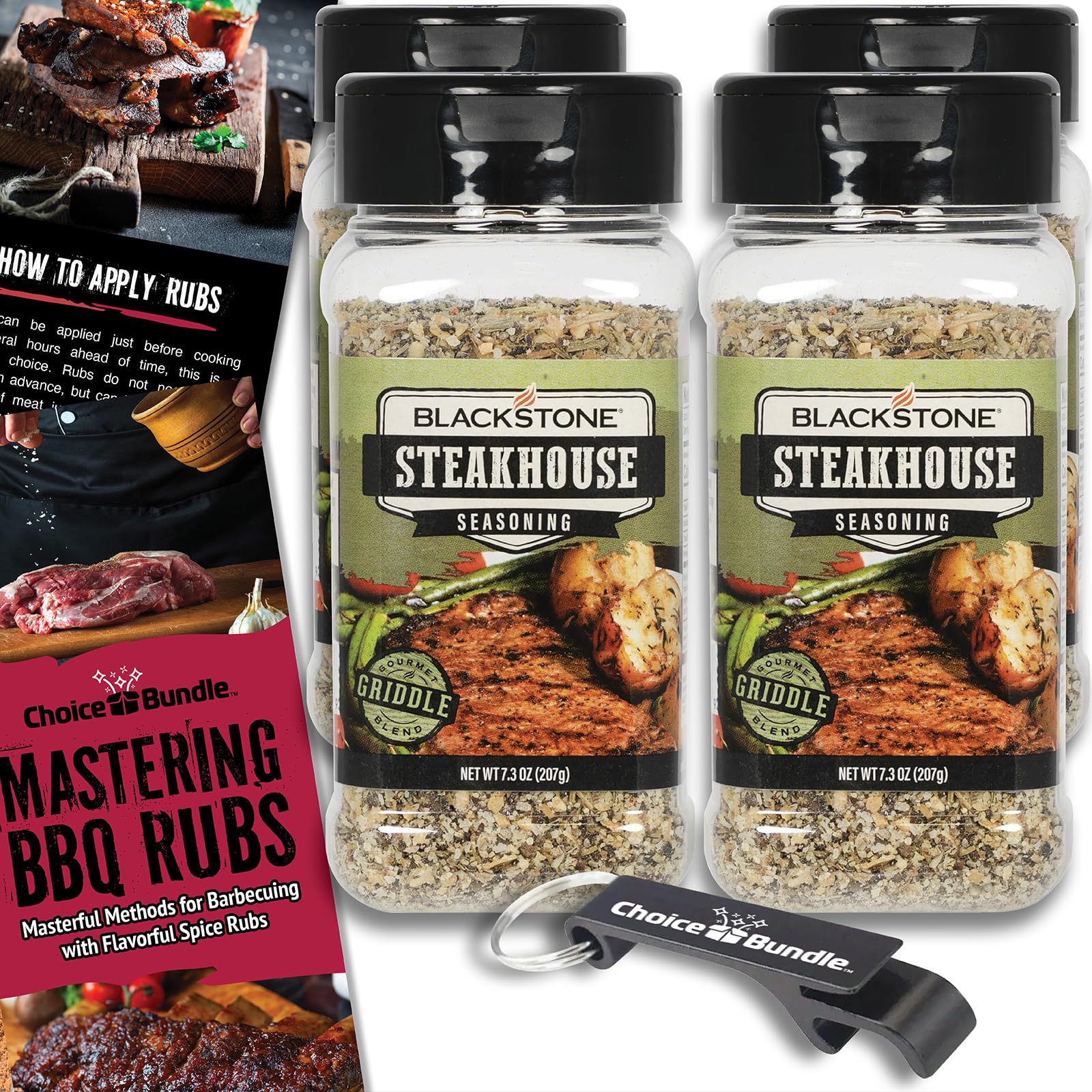 Blackstone Steakhouse Seasoning - Gourmet Griddle Premium Barbecue Rub 4 Pk (29.2 oz) + BBQ Masters & Opener (6 Items)!