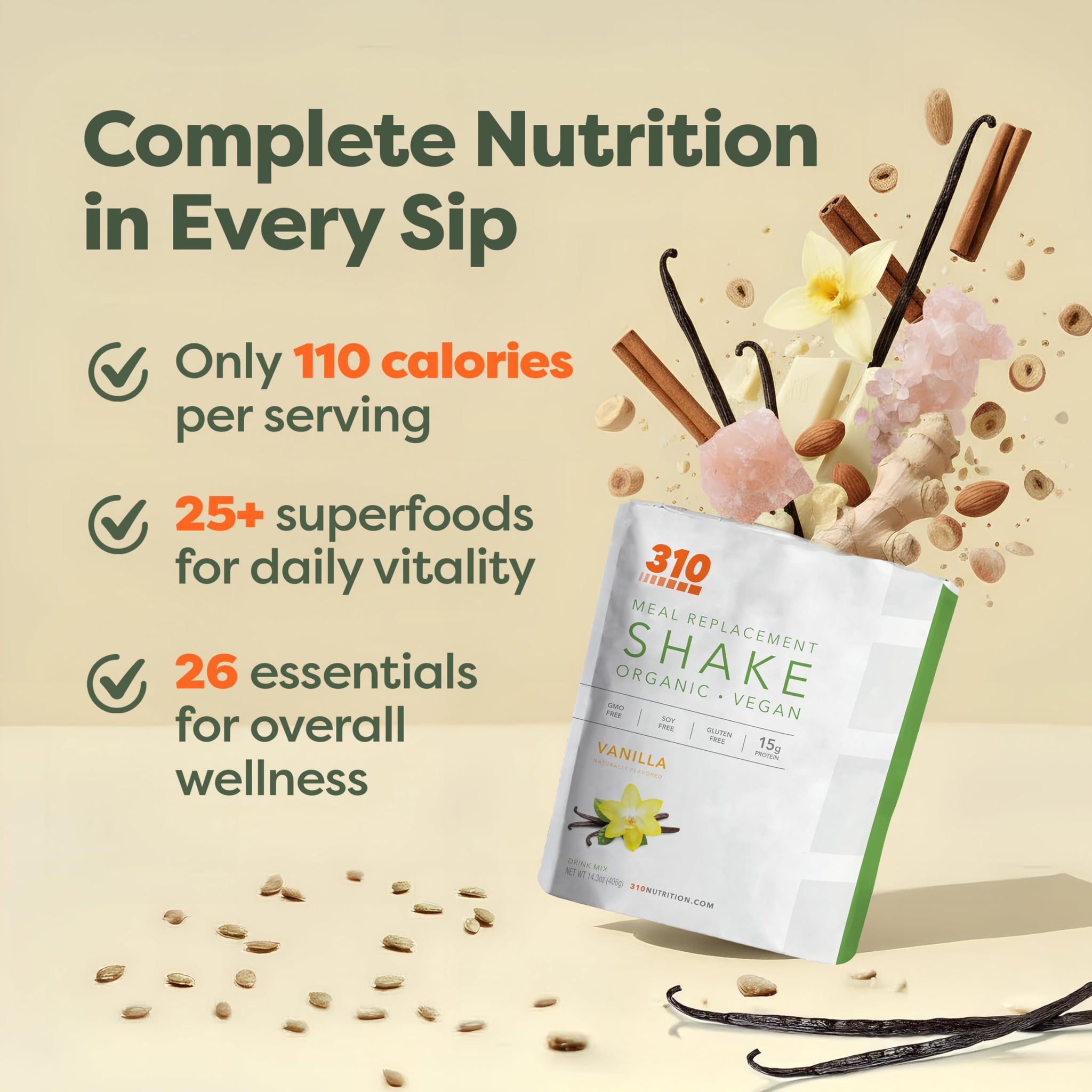 310 Nutrition Organic All-In-One Meal Replacement Shake Powder - Plant-Based Protein Smoothie Blend w/Fiber, Probiotics & Adaptogens - Low Carb