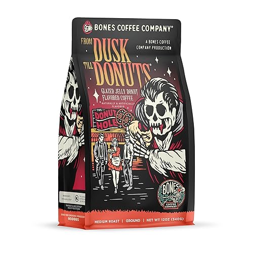 Bones Coffee Company From Dusk Till Donuts Jelly Donuts Flavored Coffee, Medium Roast Low Acid Arabica Beans Compatible with Auto drip and French