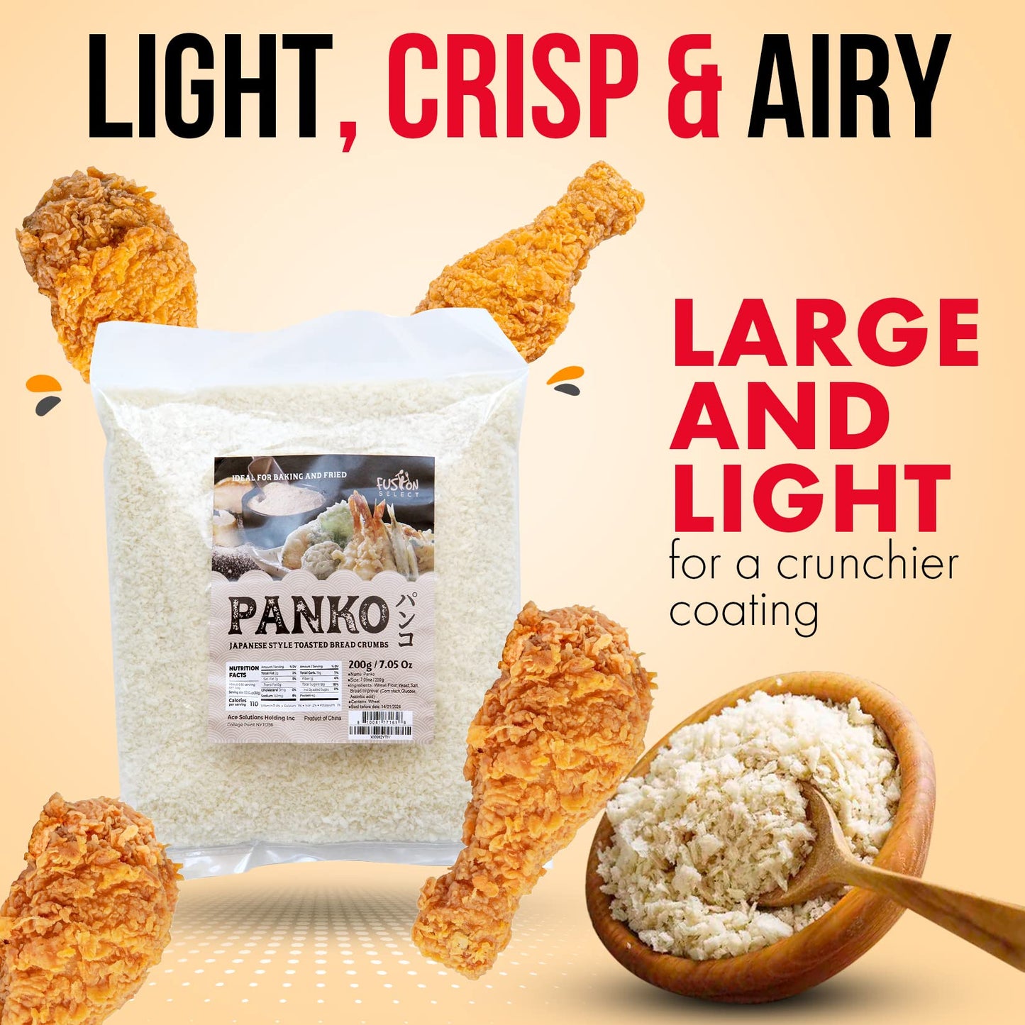 Fusion Select 7 Oz Panko Bread Crumbs - Japanese-Style Toasted Vegan Panko Breadcrumbs for Breading, Frying, Baking - For Fried Chicken & Pork, Baked Pasta, Roasted Vegetables, Tonkatsu