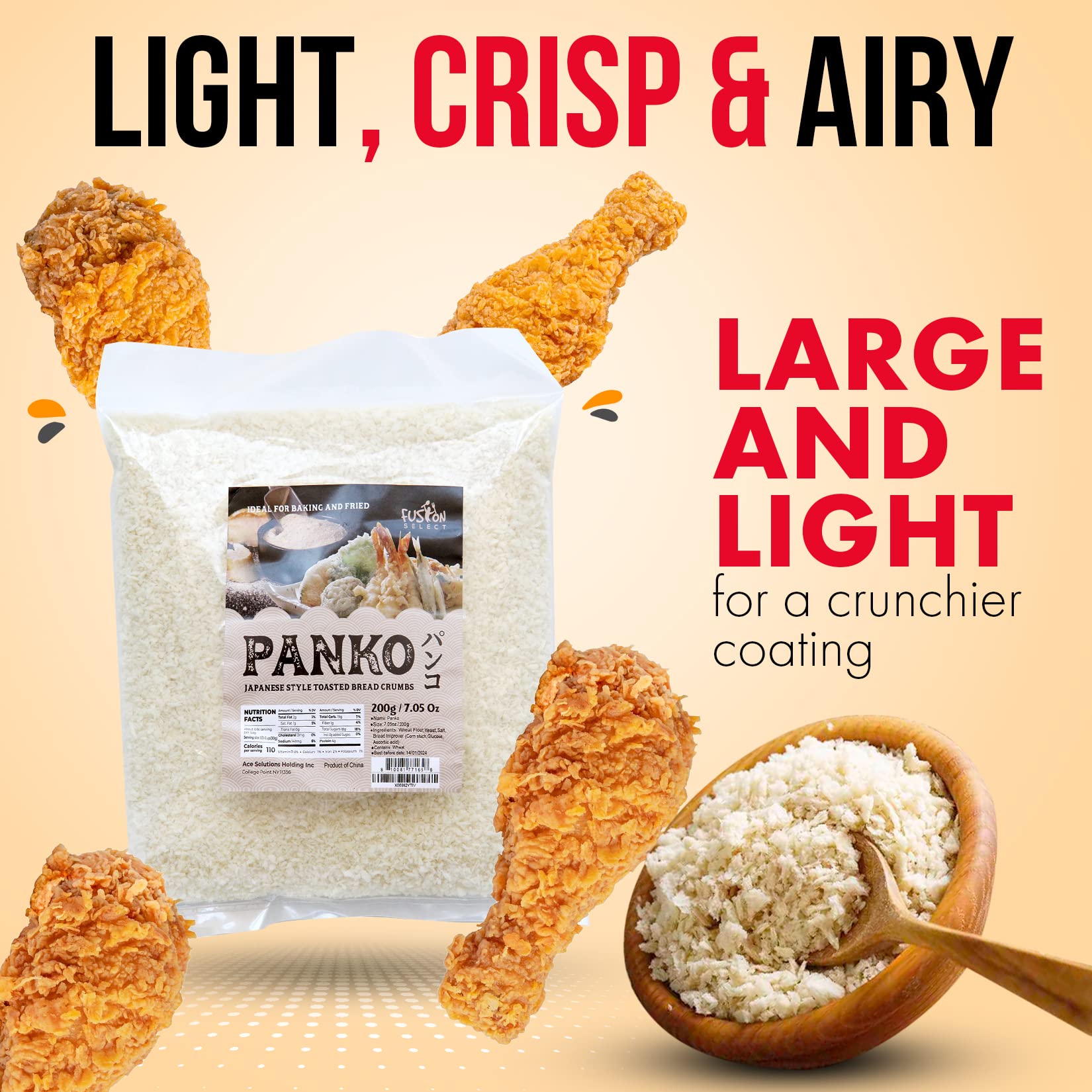Fusion Select 7 Oz Panko Bread Crumbs - Japanese-Style Toasted Vegan Panko Breadcrumbs for Breading, Frying, Baking - For Fried Chicken & Pork, Baked Pasta, Roasted Vegetables, Tonkatsu