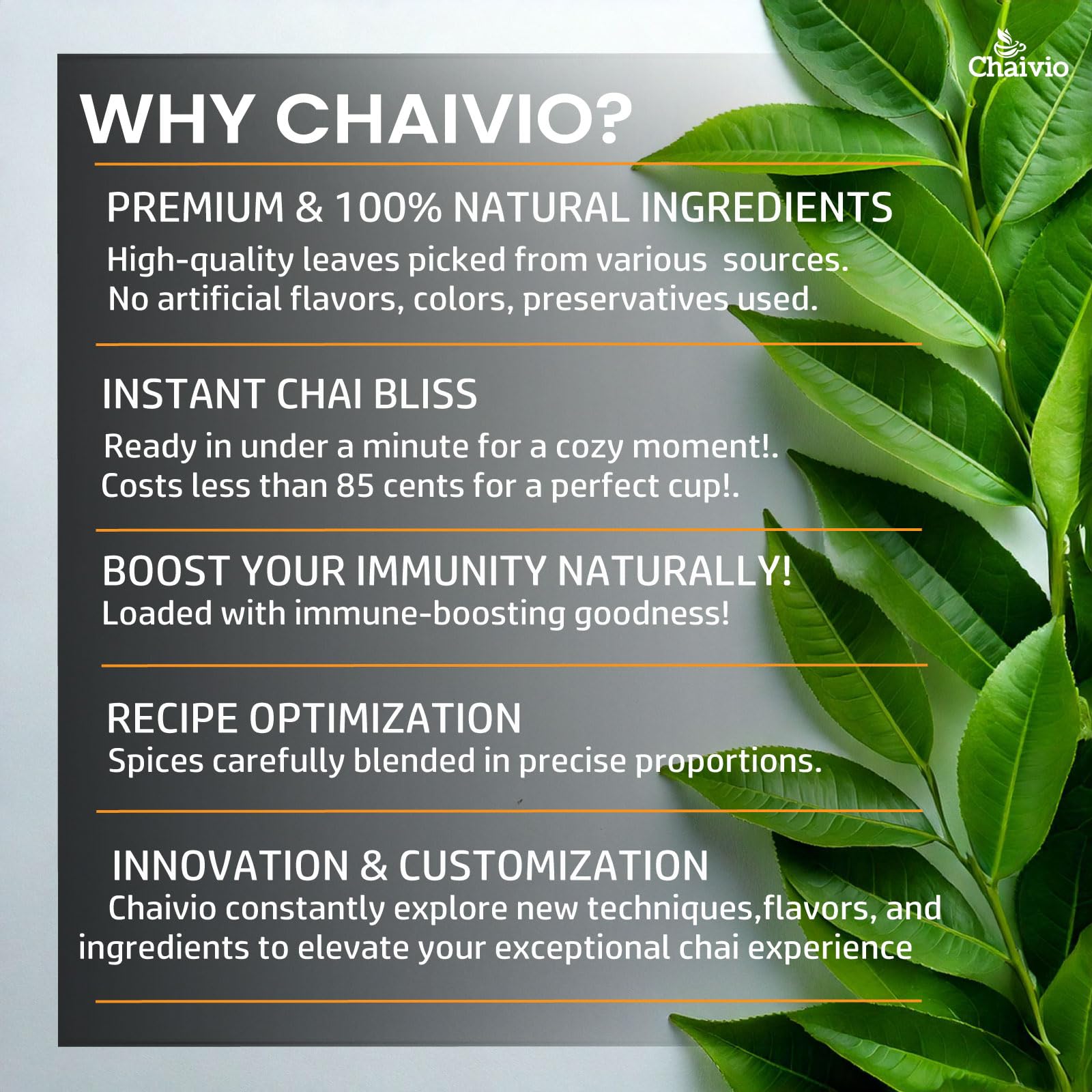 Chaivio Masala Chai Tea Latte, Unsweetened Instant Powder, Authentic Chai-with Natural Ingredients, No Preservatives, Tea Powder, Quick and Healthy
