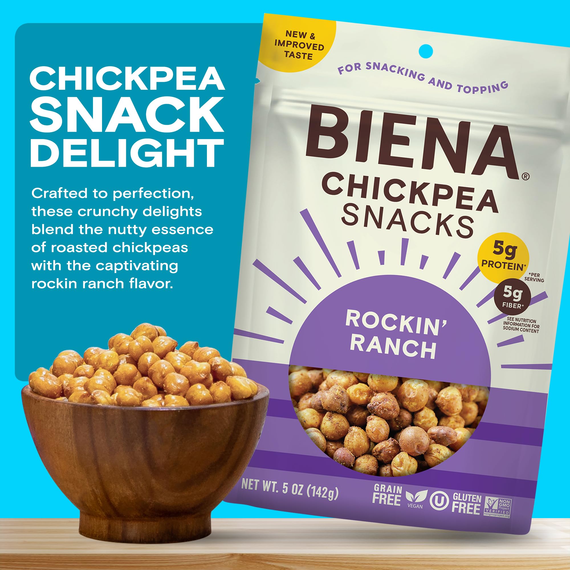BIENA Chickpea Snacks - Crunchy Roasted Chickpeas - High Fiber Vegan Protein Snacks for Adults and Kids - 8-Pack, 5 Ounce Bags - Rockin’ Ranch