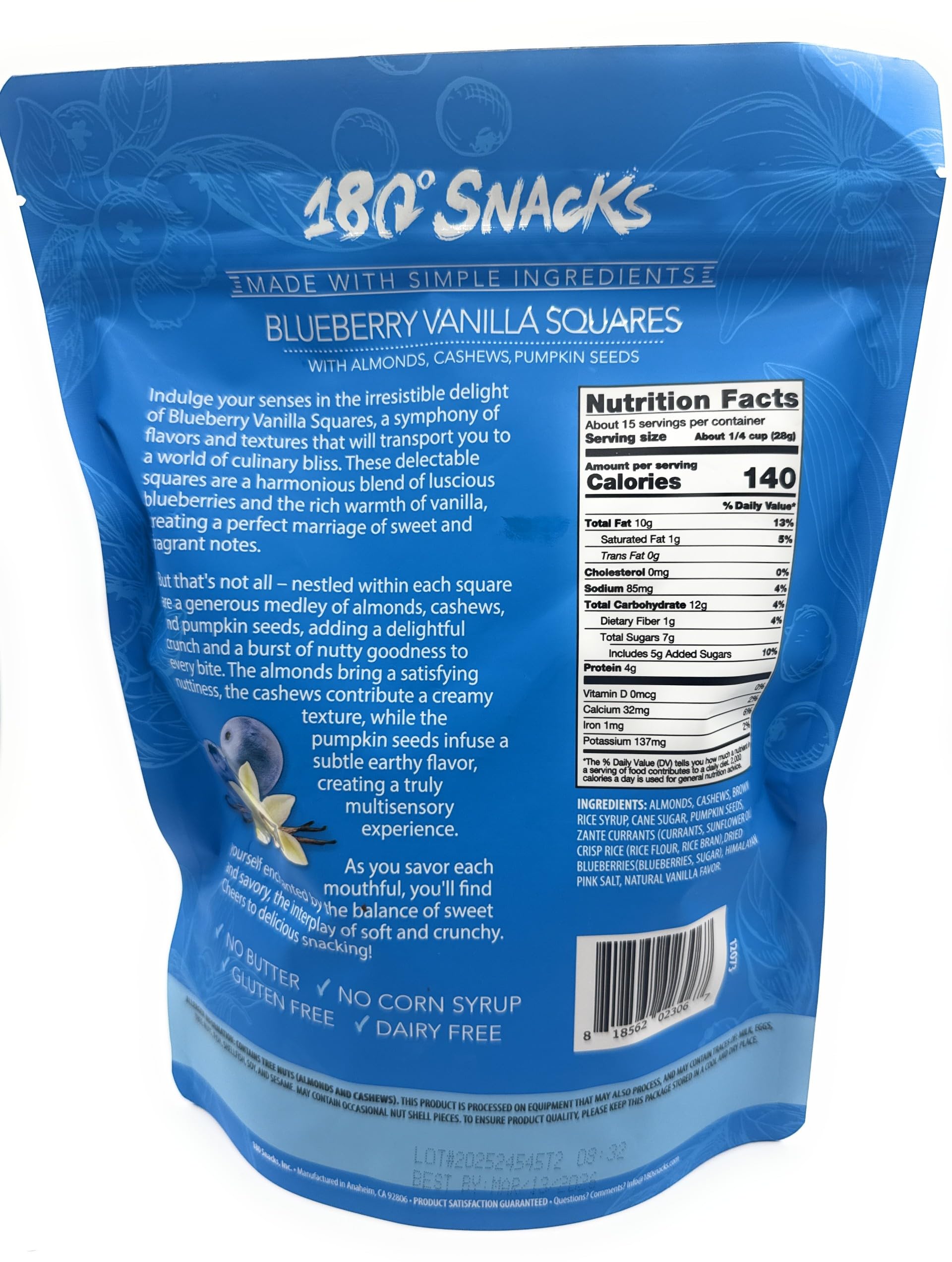 180 Snacks, Blueberry Vanilla Squares, with Almonds, Cashews, Pumpkin Seeds, 15 oz.
