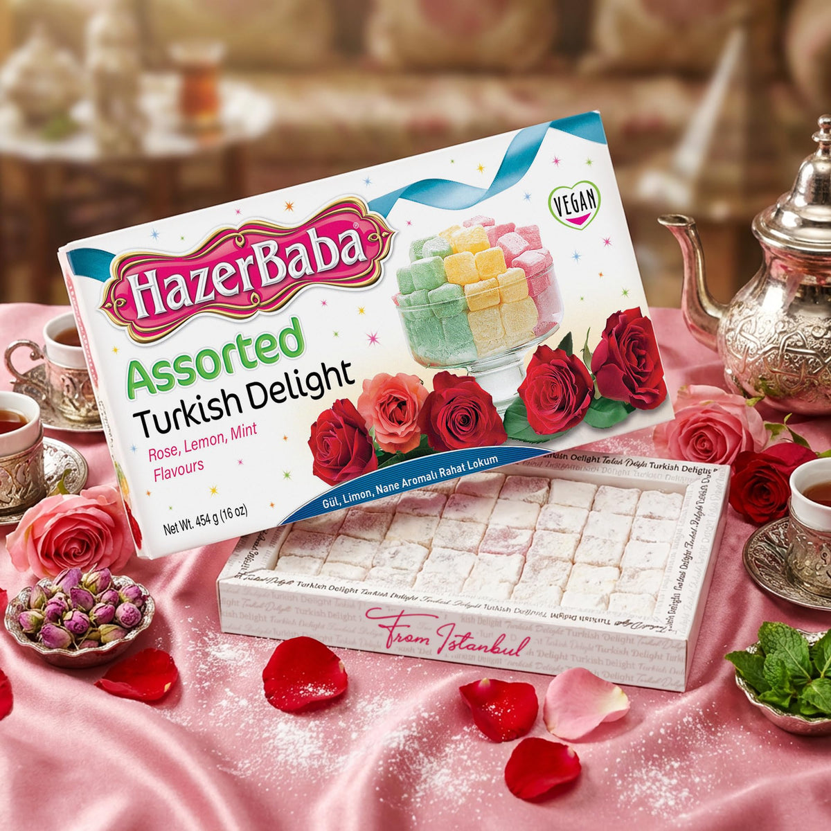 HazerBaba Assorted Turkish Delight Candy, Rose, Lemon, Mint 16oz(Pack of 1)