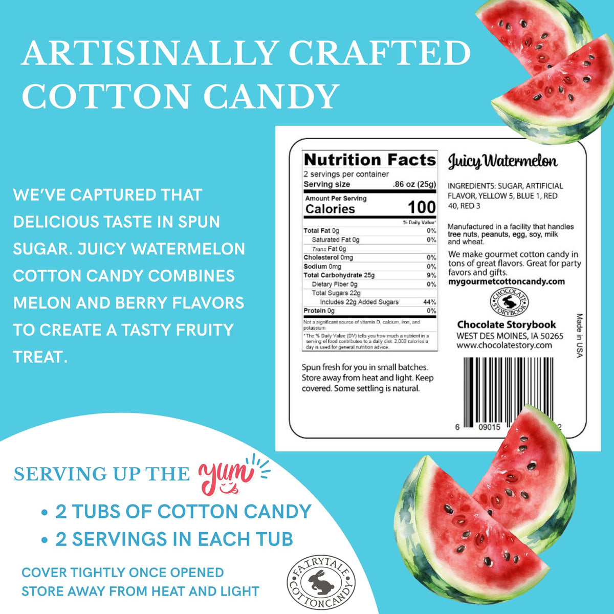 CHOCOLATE STORYBOOK Gourmet Flavored Cotton Candy - Unique Idea for Holidays, Birthdays, Gag Gifts, Party Favors (Juicy Watermelon, 1.75 oz, 2-Pack)