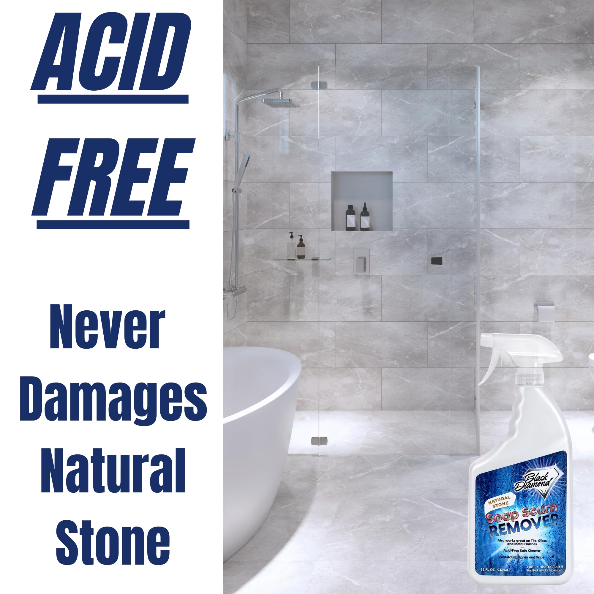 Black Diamond Stoneworks Natural Stone Shower Soap Scum Remover Spray. For Cleaning Bathtubs, Glass Doors, Tubs, Travertine, Marble, Tile. Heavy Duty