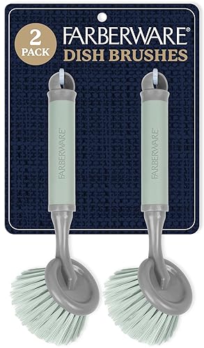 Farberware Dish Brush with Handle - 2 Pack Kitchen Scrub Brush for Dishes, Non-Scratch Dishwashing Brush Set with Firm Bristles for Pots, Pans