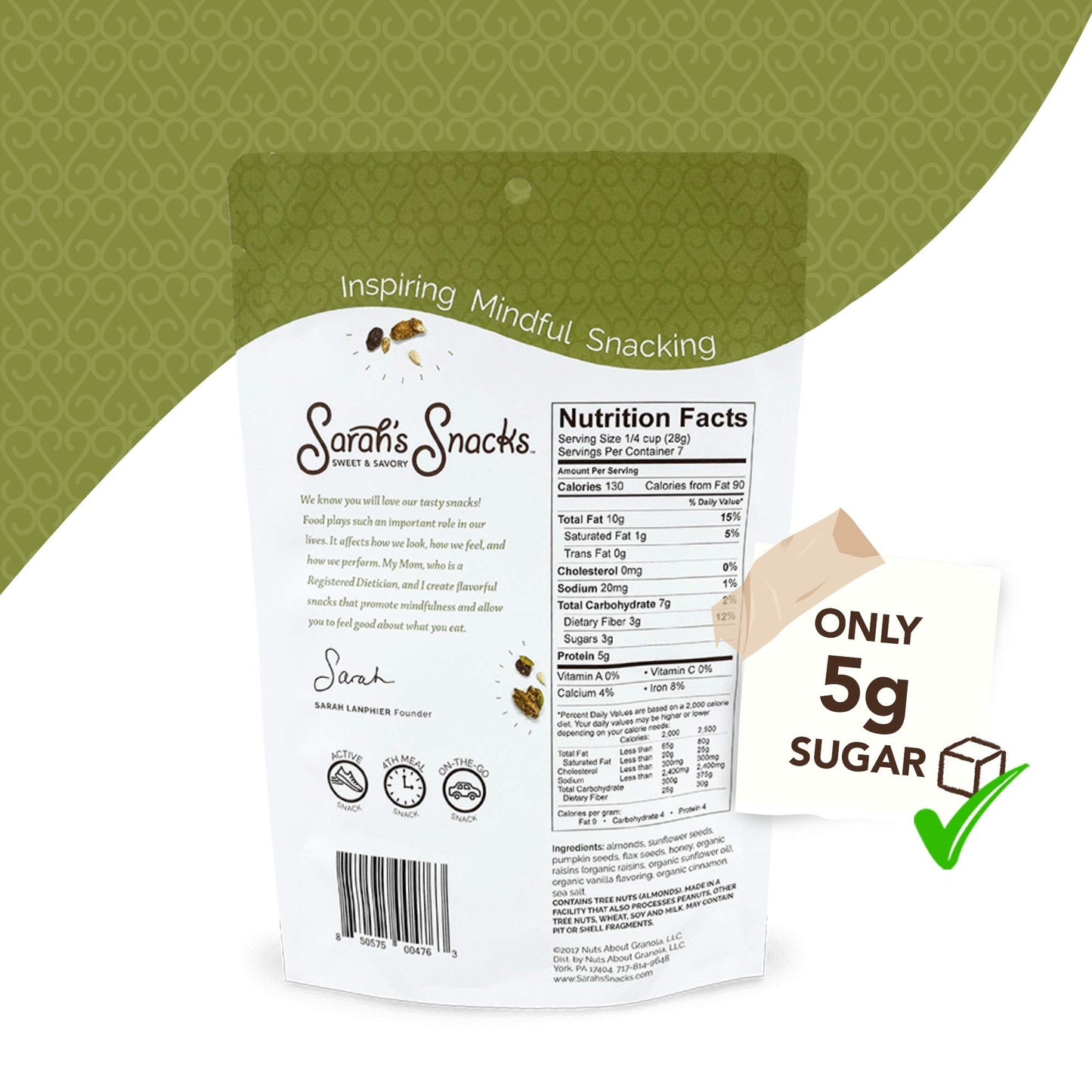 Original Nut and Seed Gluten and Grain Free Snack Mix, Dairy Free and Low Sugar Snacks, Non-GMO, Low Carb and Paleo Granola, 7 oz Bag - Sarah's Sweet