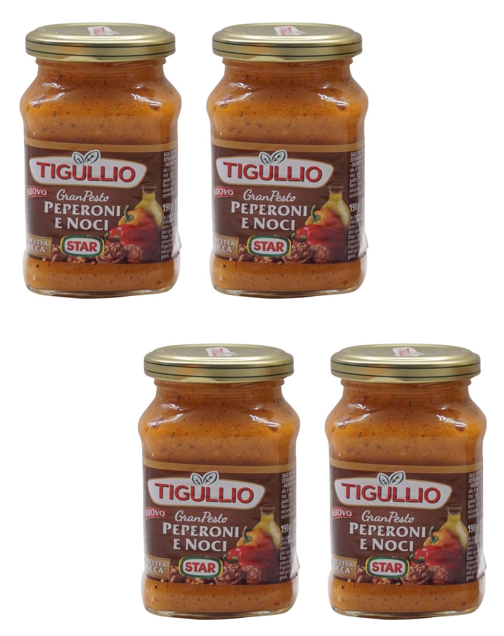 Tigullio:"Gran Pesto Peperoni e Noci" Peppers and Walnuts Pesto - 6.7 Fluid Ounce (190ml) Packages (Pack of 4) [ Italian Import ]