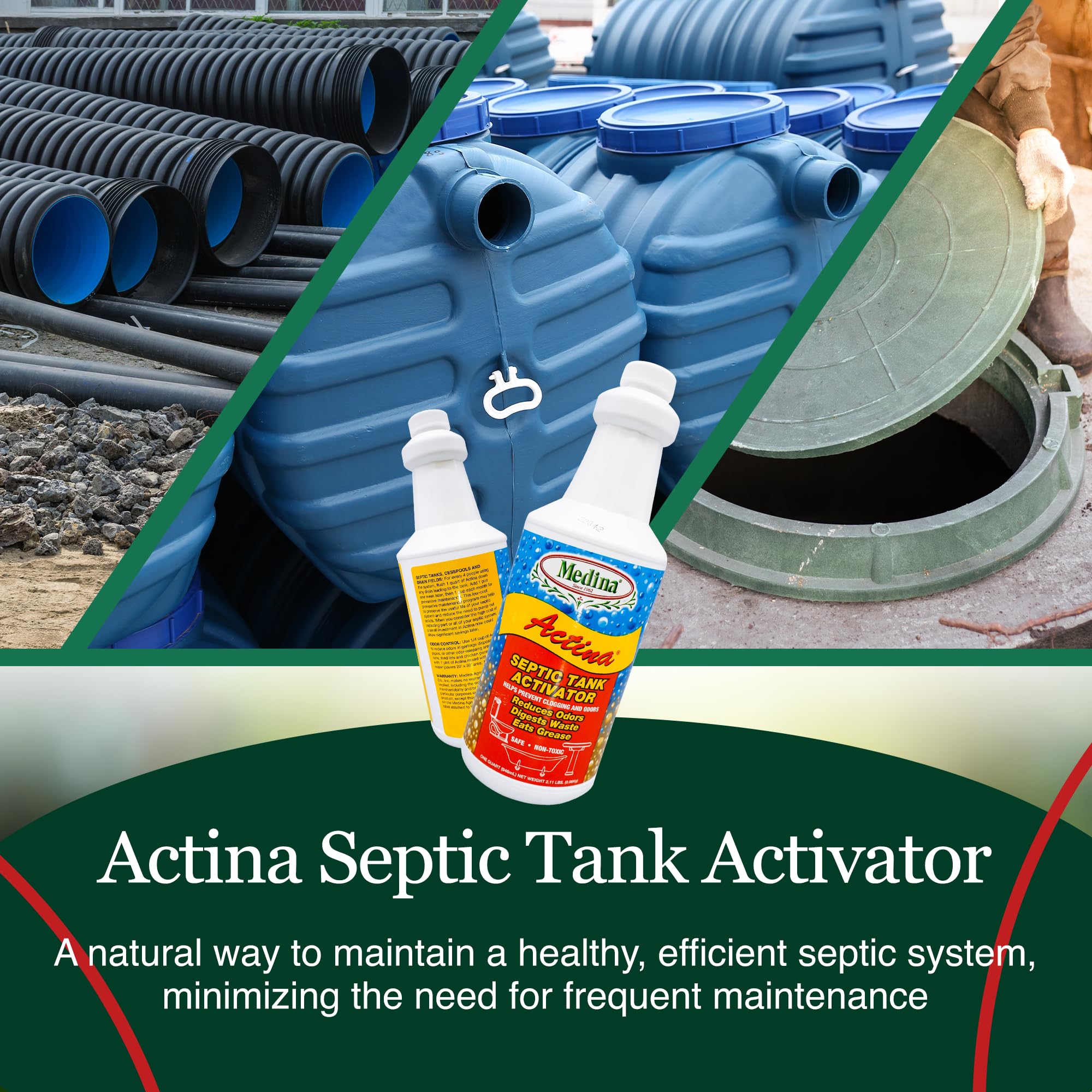 Medina Actina Septic Tank Treatment - Natural Biological Enzyme Liquid for Waste Digestion, Odor Control & Reduced Pump-Out Frequency - Safe for All