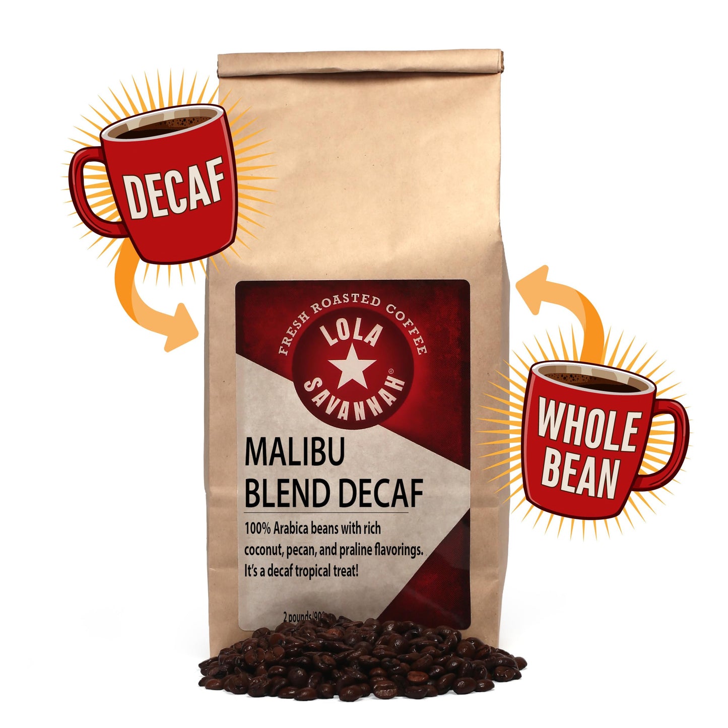 Lola Savannah Malibu Blend Whole Bean Decaf Coffee, 2lb