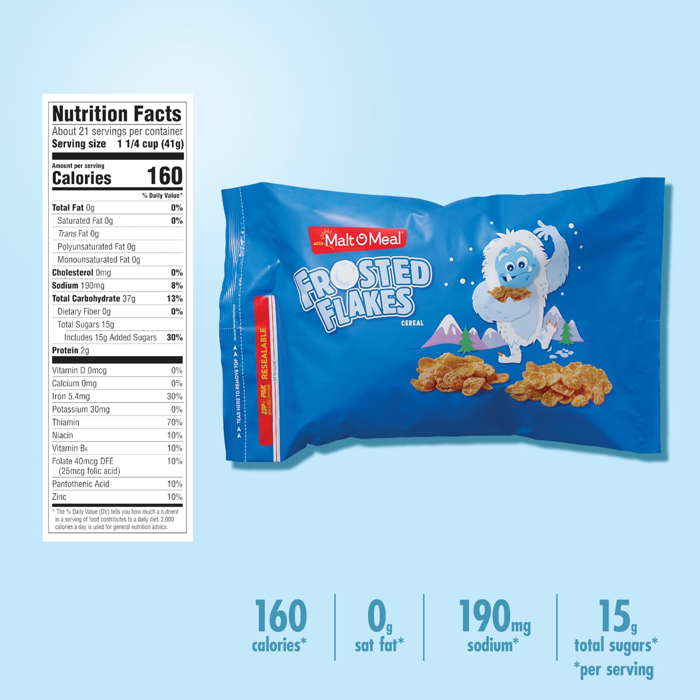 Malt-O-Meal Frosted Flakes Breakfast Cereal, Family Size, 30 oz Resealable Bag