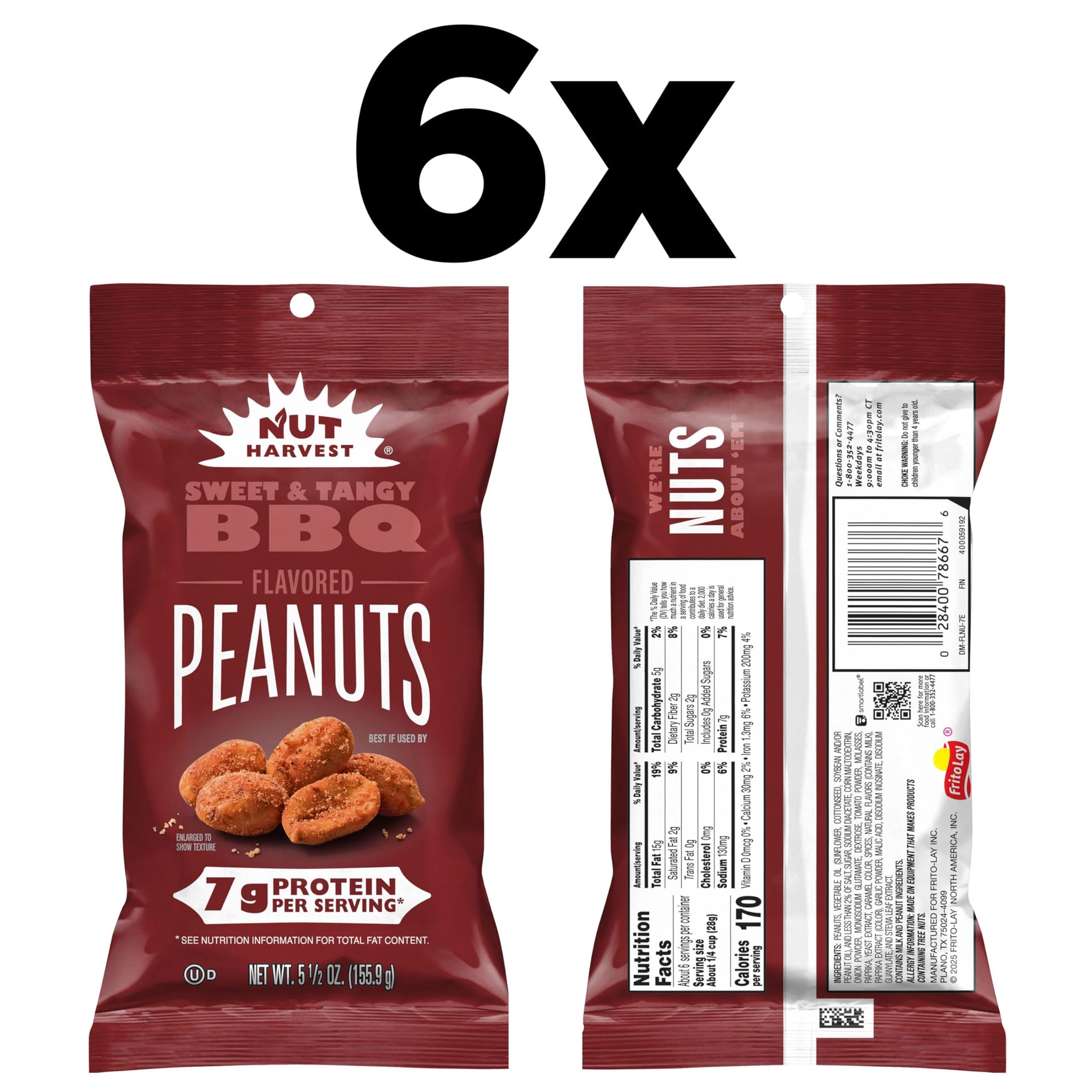 Nut Harvest Flavored Peanuts, Sweet & Tangy BBQ, 5.5 oz Bags, (6 Pack), 7g Protein Per Serving