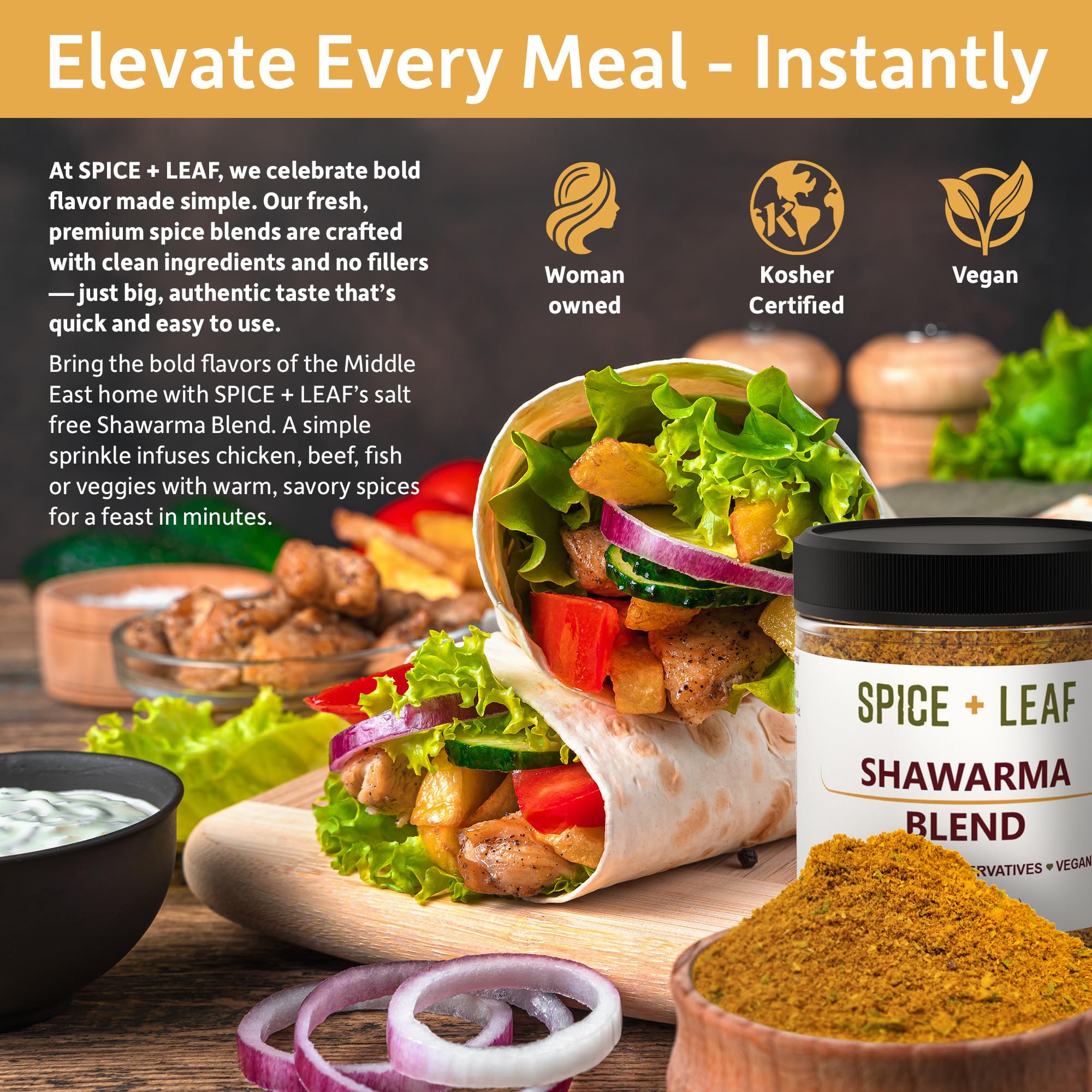 Premium Shawarma Spice Seasoning by Spice + Leaf, 3.5 Oz - Kosher, Vegan Preservative Free Spice Blend for Middle Eastern Flavor. Vegetarian, Dairy