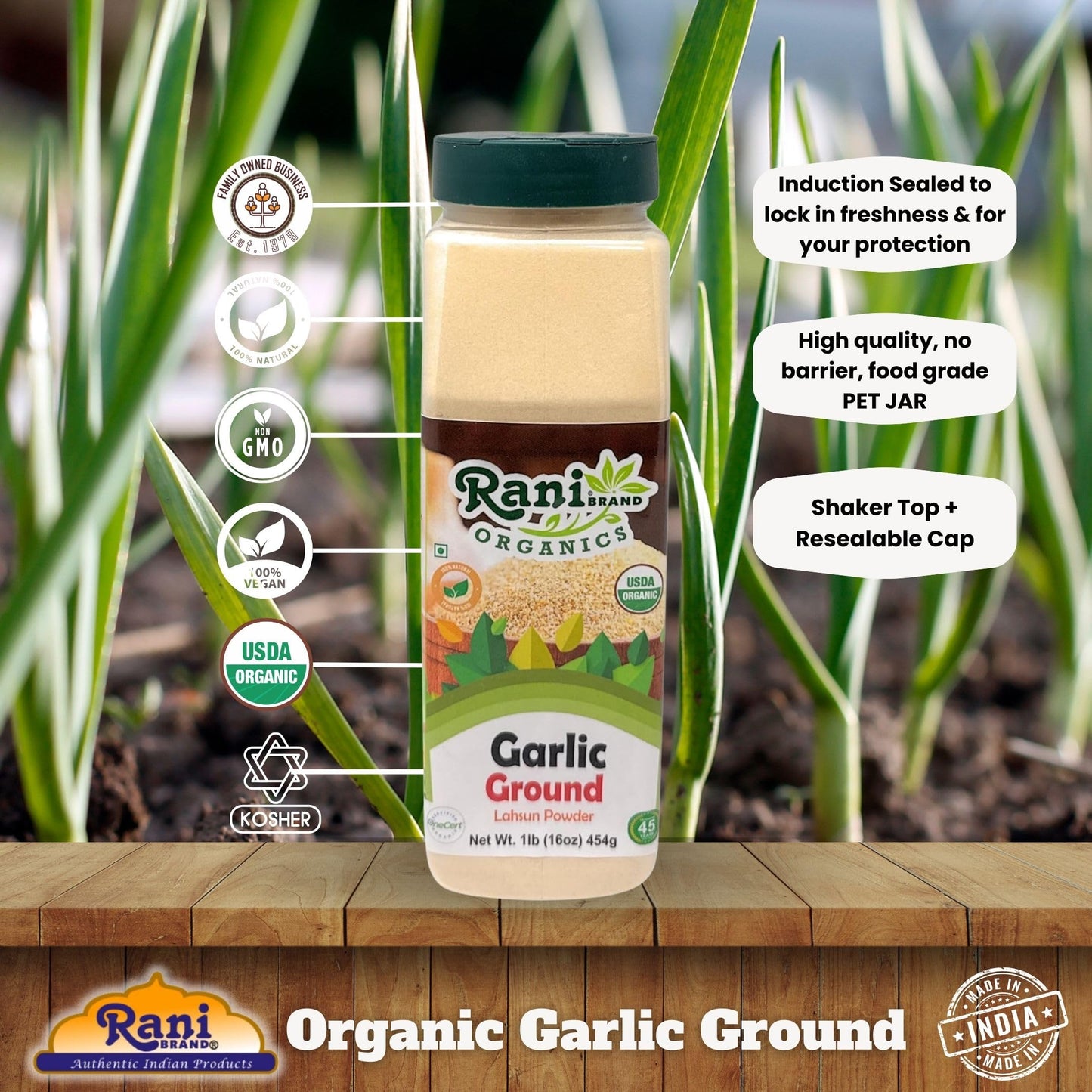 Rani Organic Ground Garlic (Lahsun Powder) 16oz (1lb) 454g PET Jar ~ All Natural | Gluten Friendly | Vegan | NON-GMO | Kosher | No Salt or fillers |