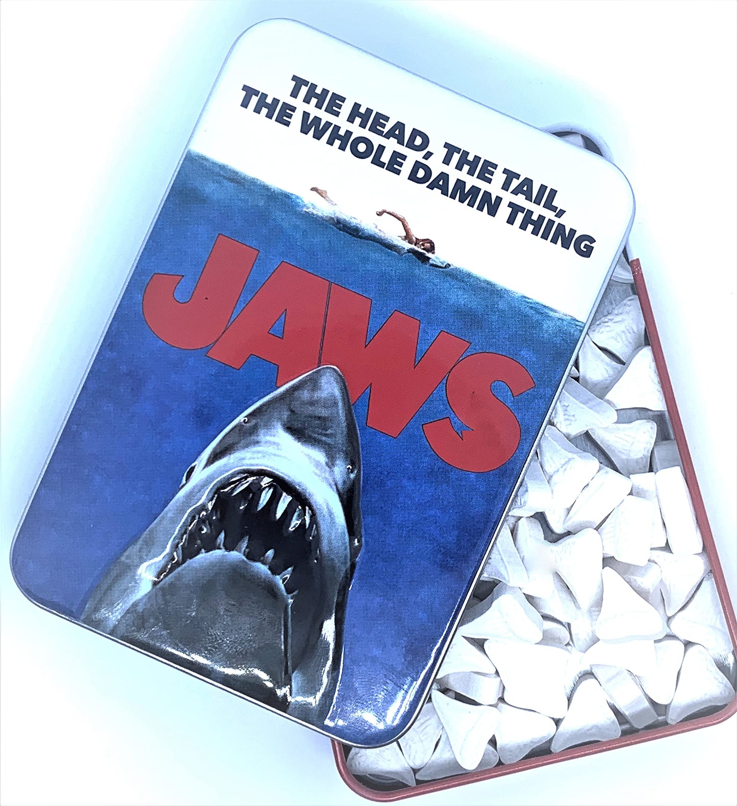 Jaws Amity Island Candy - One (1) Collectible Jaws Movie Poster Tin- Shark Teeth Shape - Sour Cherry Flavor