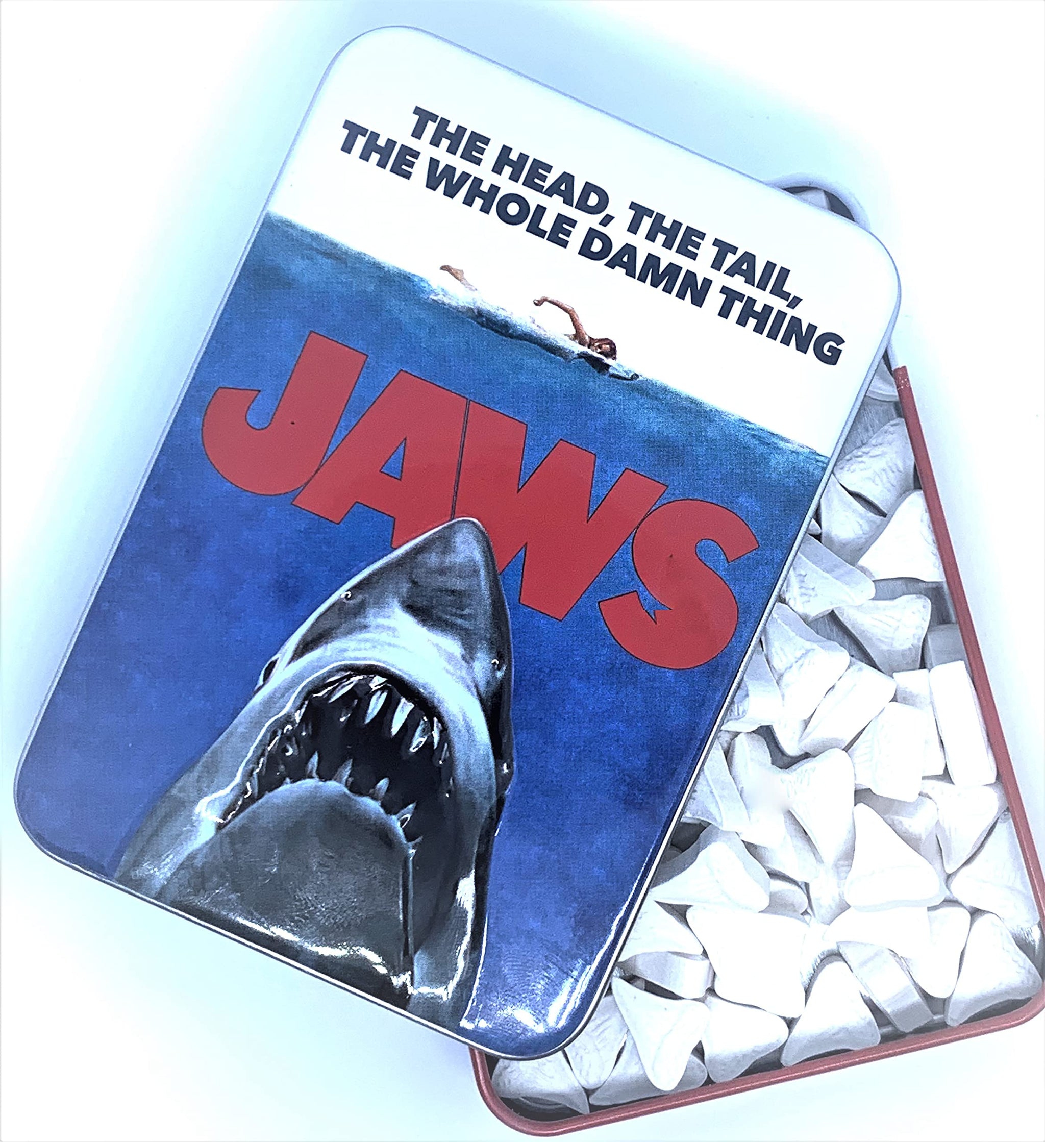 Jaws Amity Island Candy - One (1) Collectible Jaws Movie Poster Tin- Shark Teeth Shape - Sour Cherry Flavor