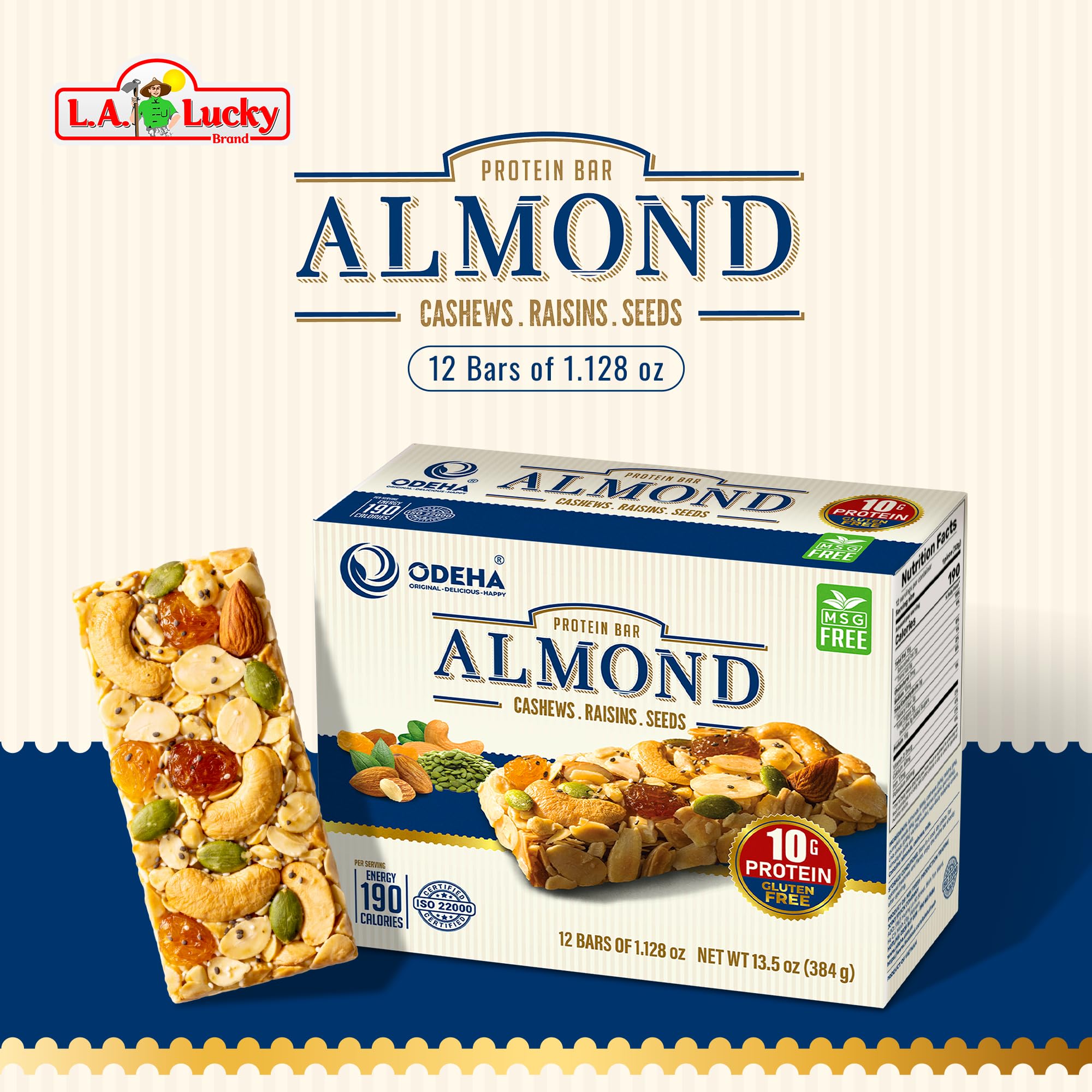ODEHA Almond Protein Bar - Vegan Snack Bars with Cashews, Raisins & Seeds - MSG Free - Premium Asian Chips - Healthy Snack for Adults and Kids - Pack