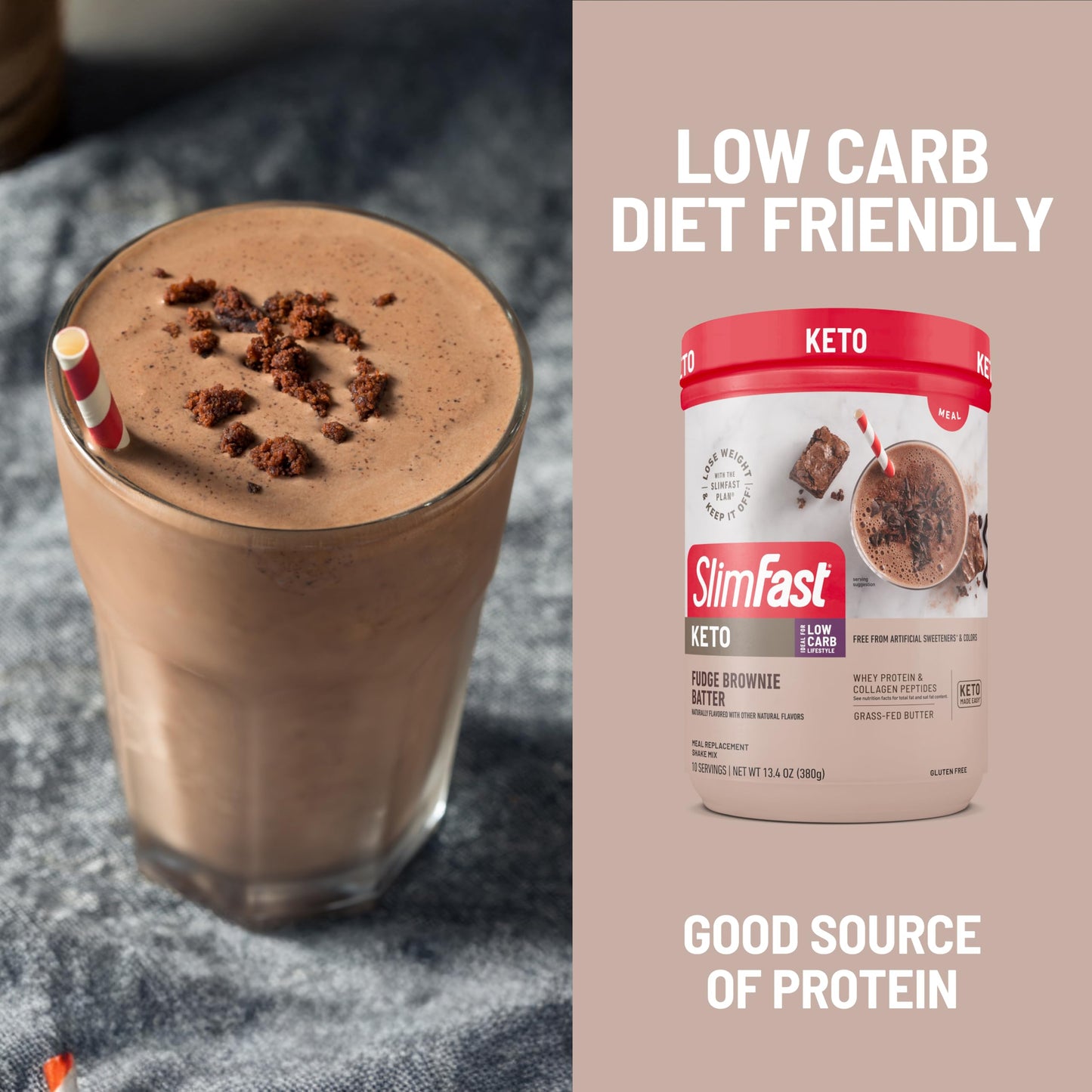 SlimFast Keto Meal Replacement Shake, Fudge Brownie Batter, Low Carb Keto Protein Powder with Collagen & Whey, No Sugar Added, Gluten Free, Weight