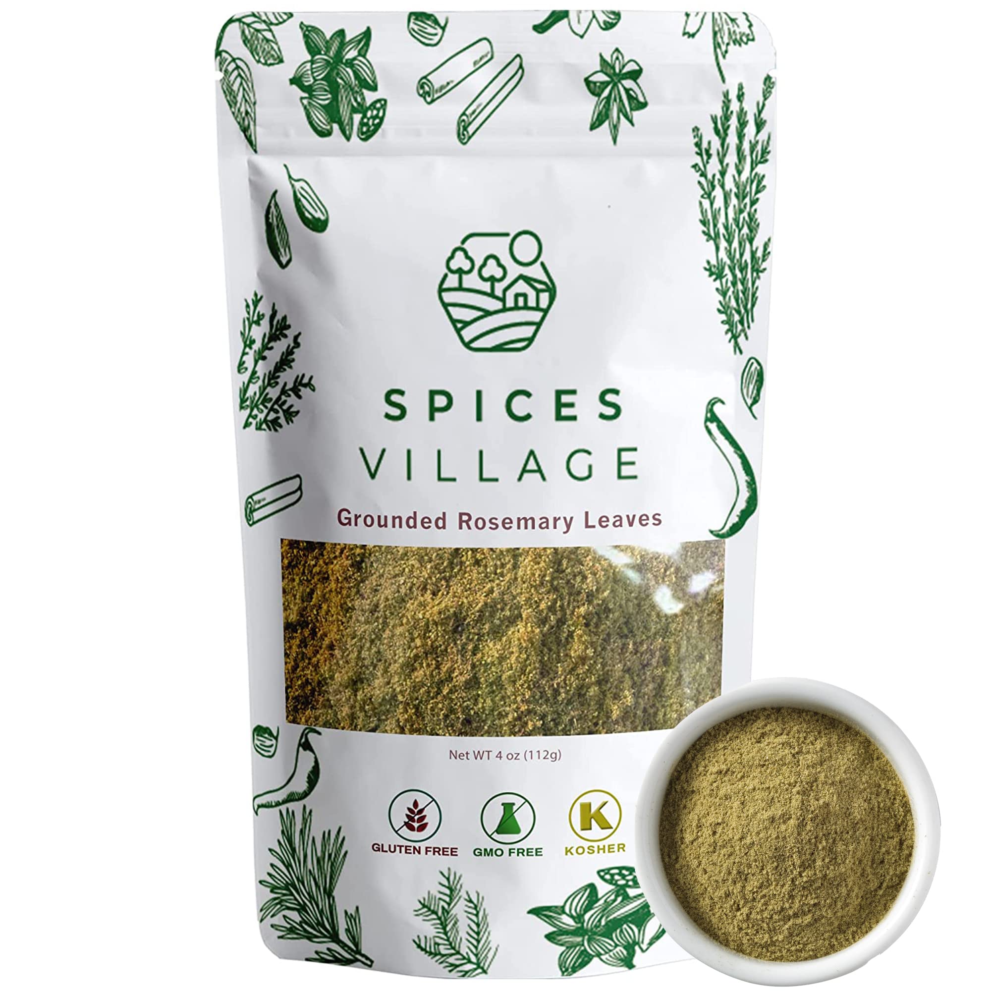 SPICES VILLAGE Ground Rosemary [ 4 oz ] - Natural Dried Rosemary Spice for Cooking and Tea, Pure Mediterranean Seasoning - Kosher, Gluten Free, Vegan