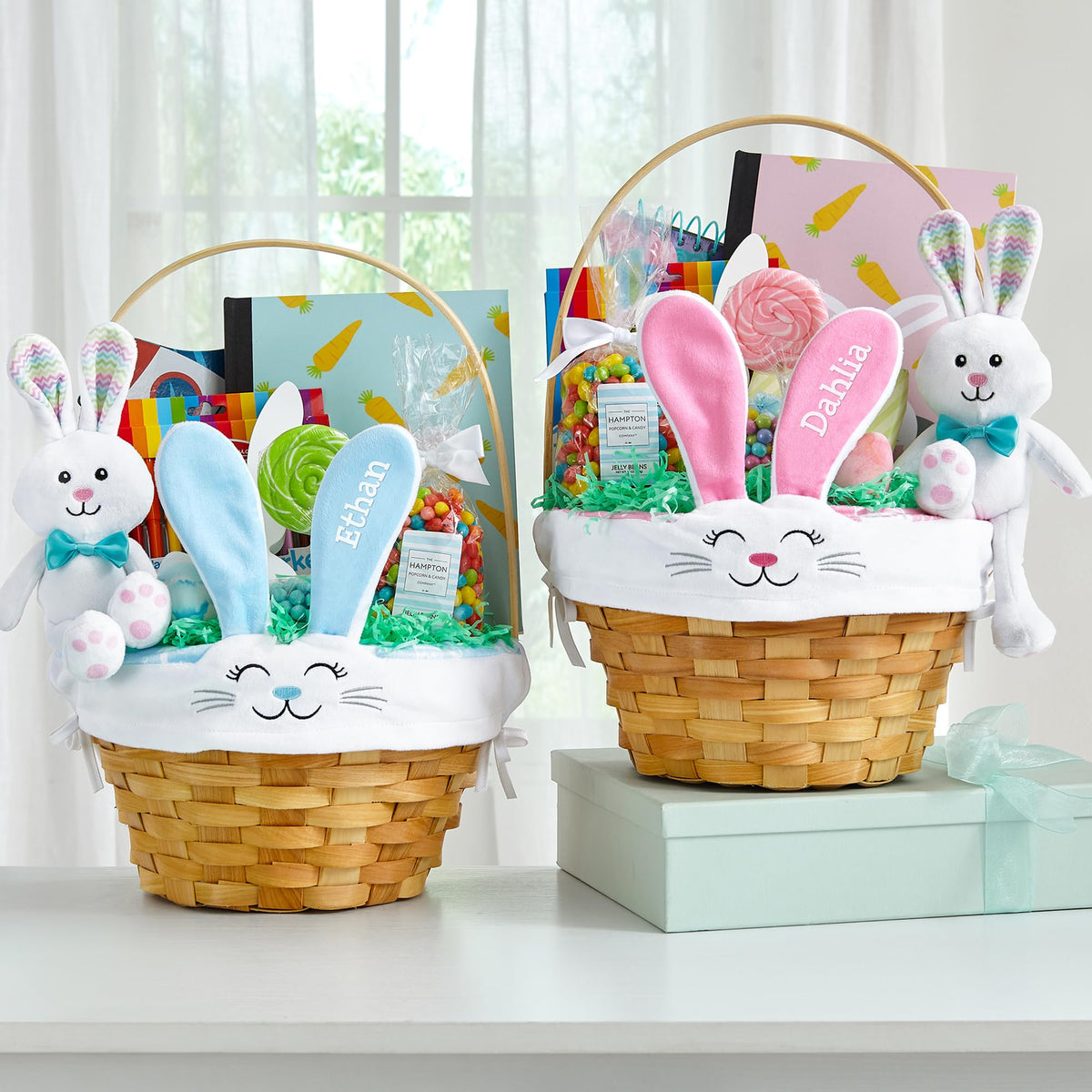 Let's Make Memories Personalized Easter Basket - Wicker - Embroidered Liner - Happy Bunny - Pink