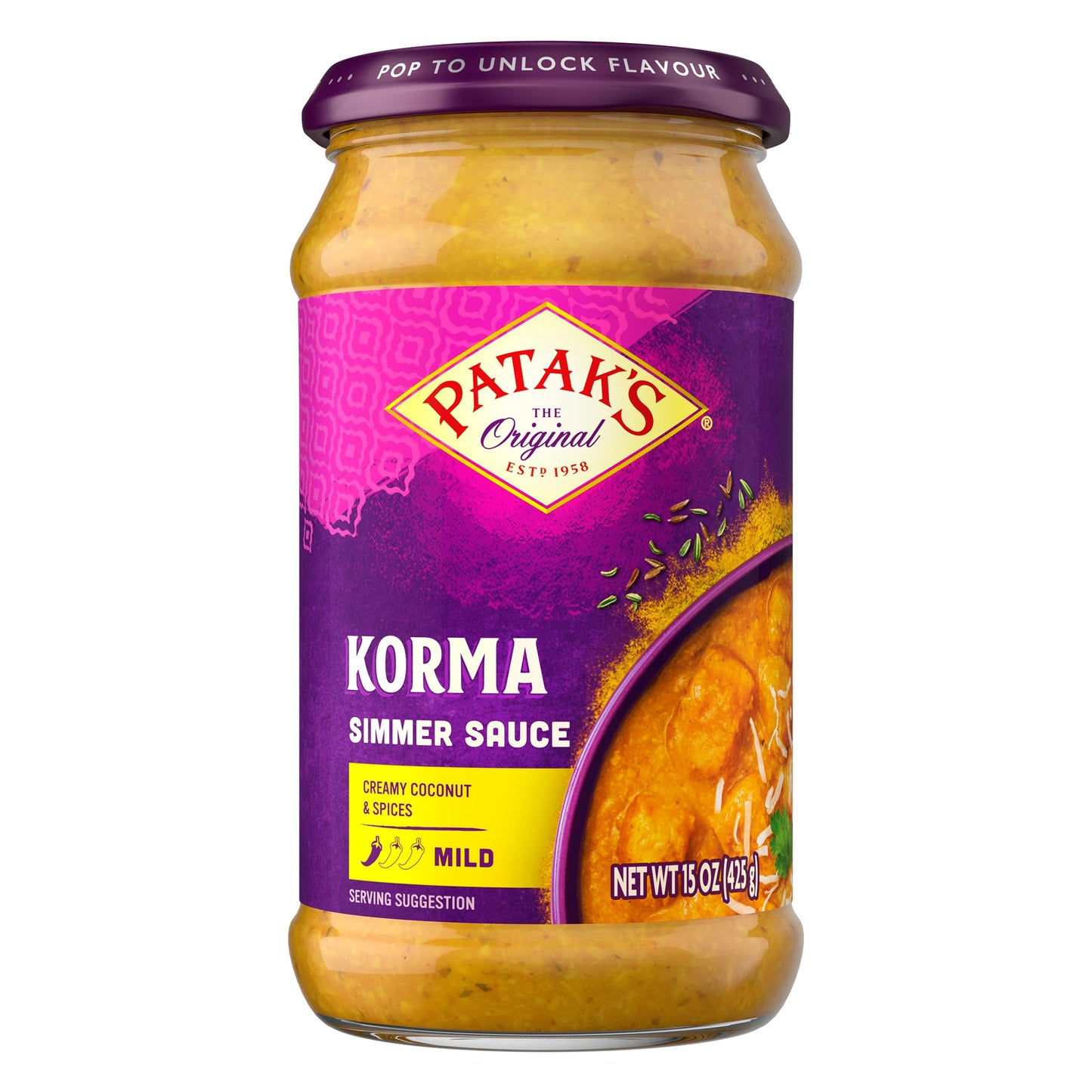 Patak’s Korma Simmer Sauce - Mild and Creamy Korma with Coconut & Spices - Gluten-Free & Vegetarian Authentic Indian Sauce - Perfect for Quick & Easy