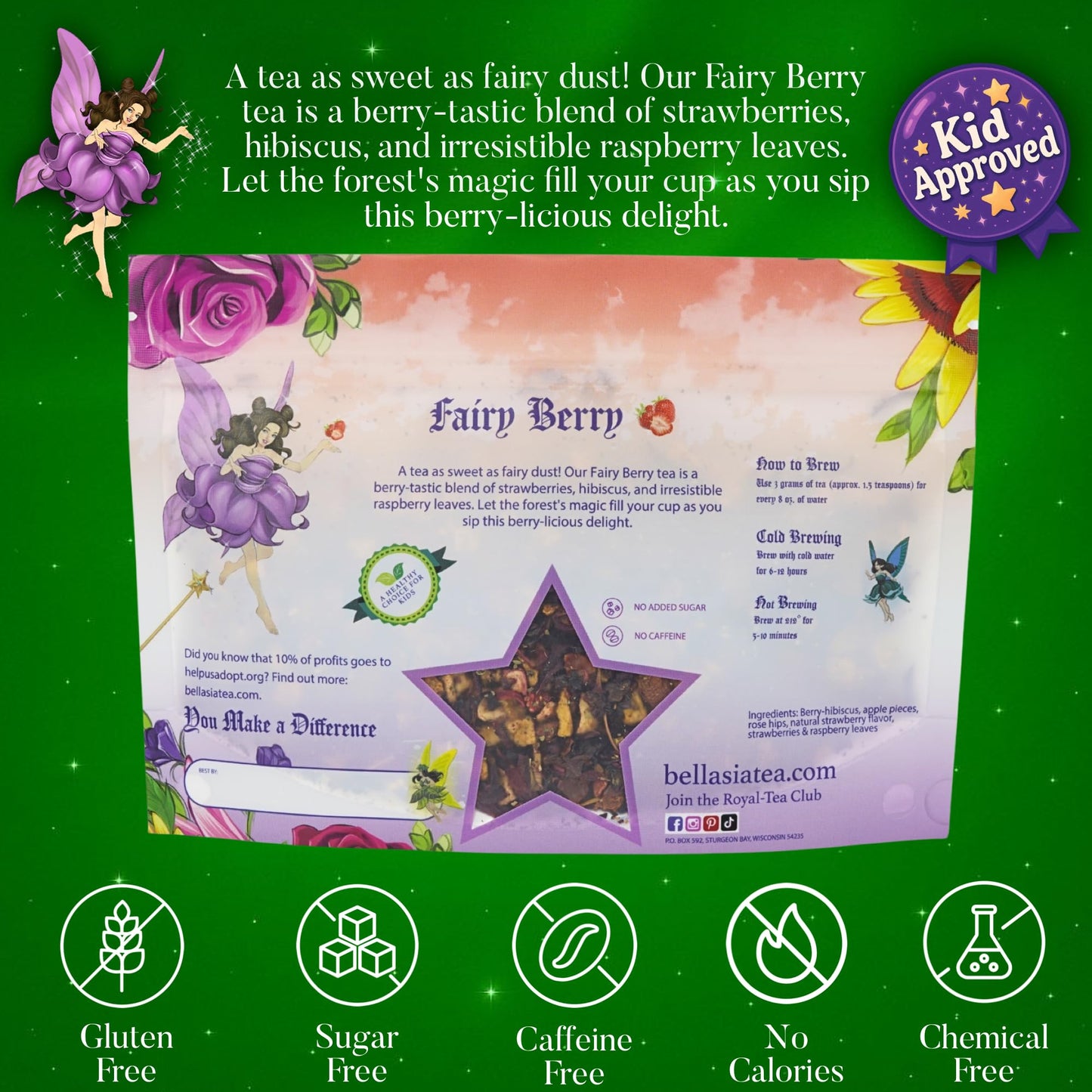 Bellasia Tea Fairy Berry for Kids Using Real Strawberry Pieces- Caffeine Free Herbal Tea Blend with Real Ingredient & Balanced Flavor- Add Loose Leaf