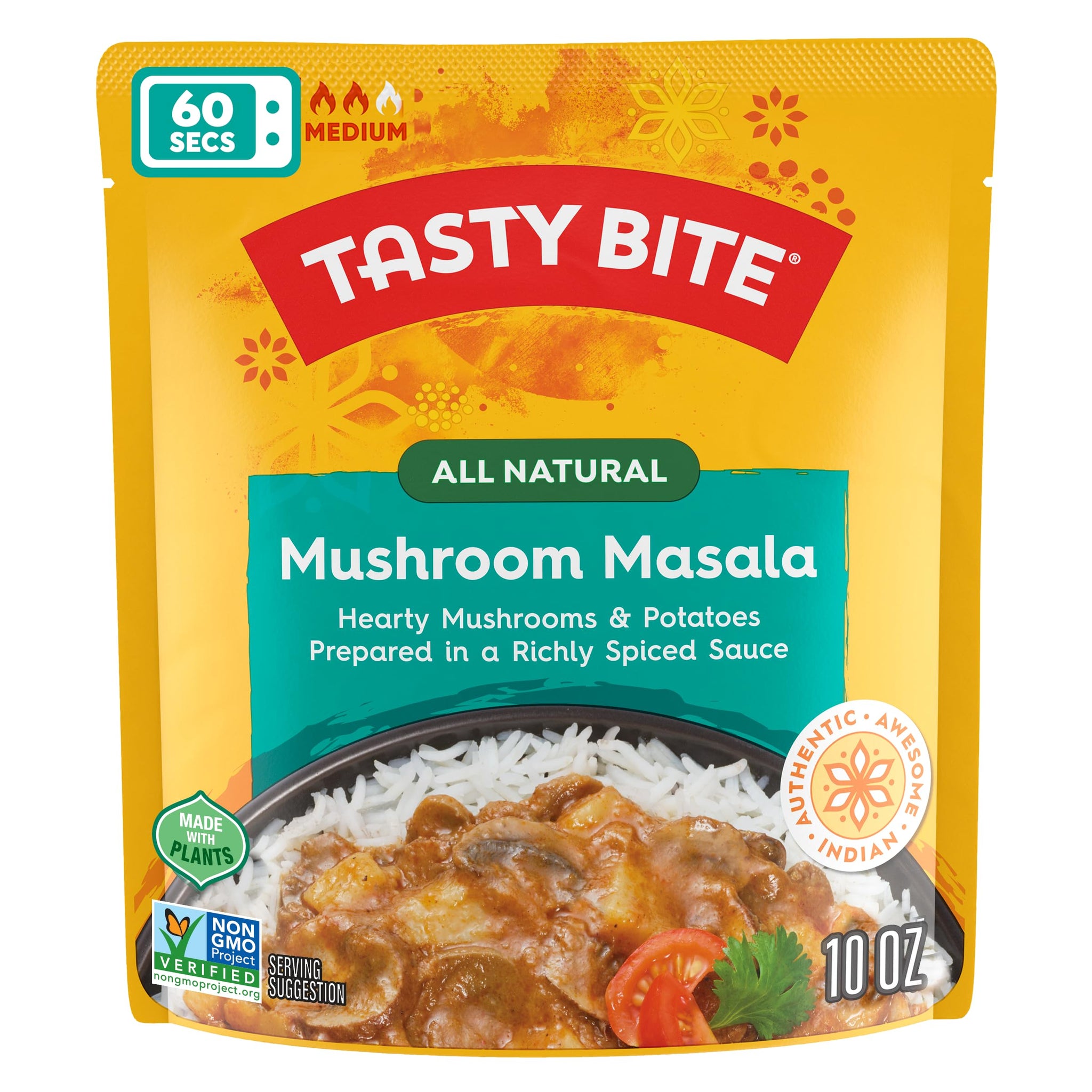 Tasty Bite Mushroom Masala, 10 Ounce, Pack of 6, Ready to Eat, Microwavable Entree, Vegan with Mushrooms & Potatoes