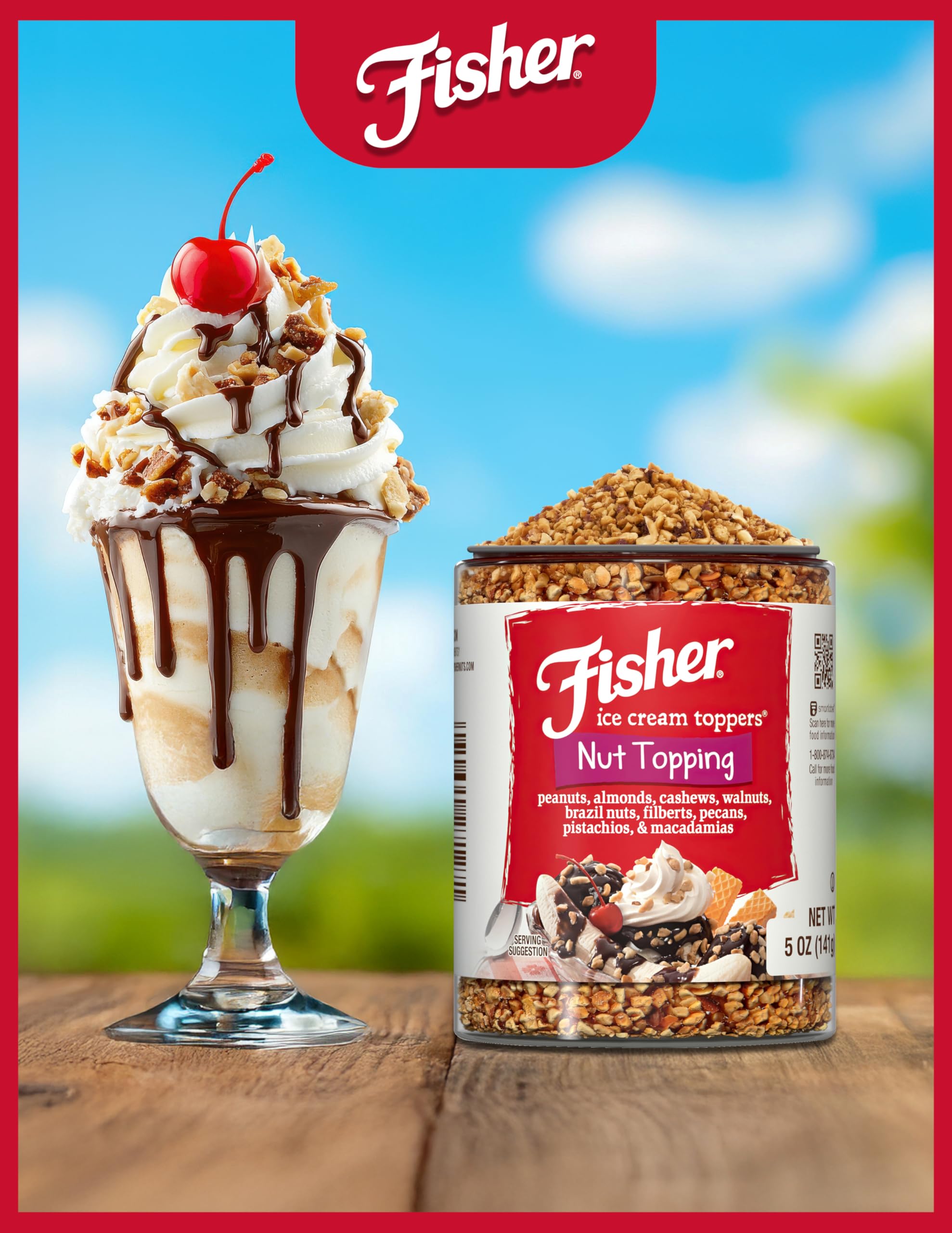 Fisher Mixed Nuts Ice Cream Topping, 5 oz, Peanuts, Almonds, Cashews, Walnuts, Brazil Nuts, Filberts, Pecans, Pistachios & Macadamias, Gluten-Free, No