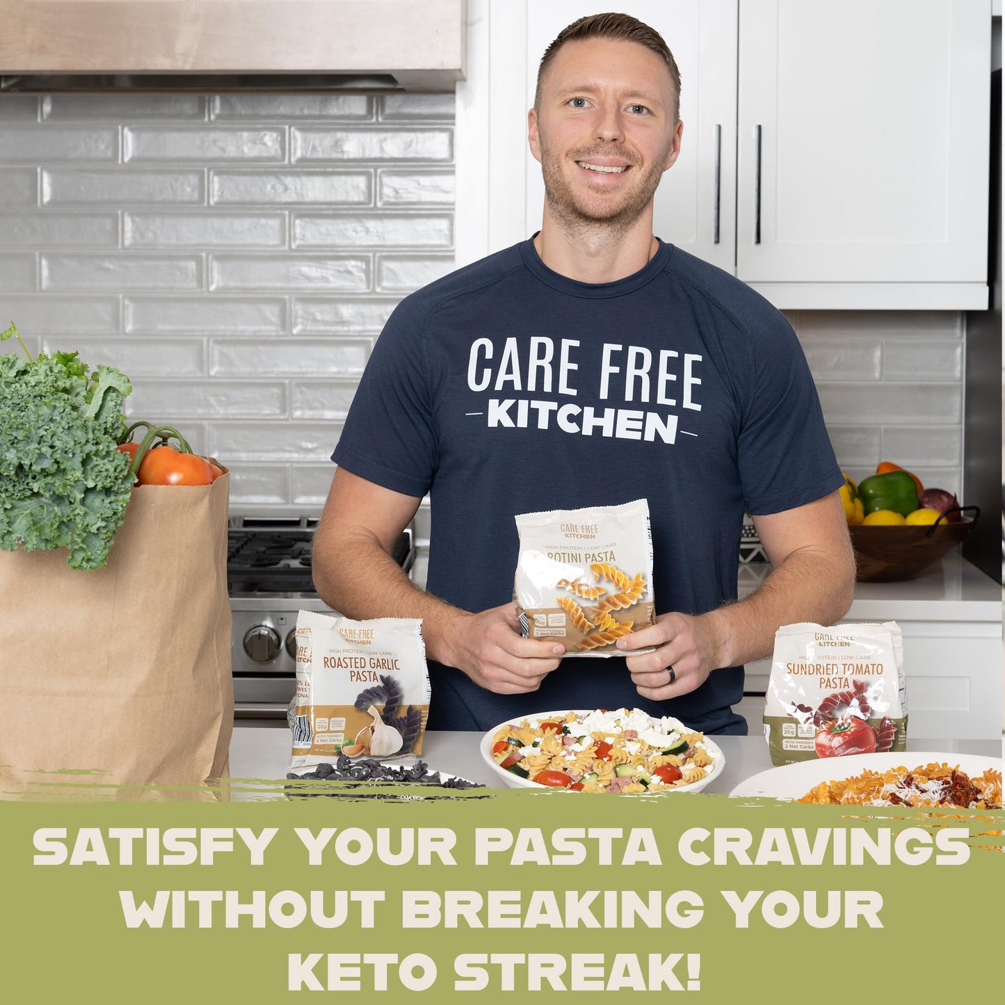 Care Free Kitchen Rotini Keto Pasta Noodles Variety 3-Pack (8 oz. Bags) Plain, Sundried Tomato, Roasted Garlic, 20g High Protein, Low Carb 2g Net