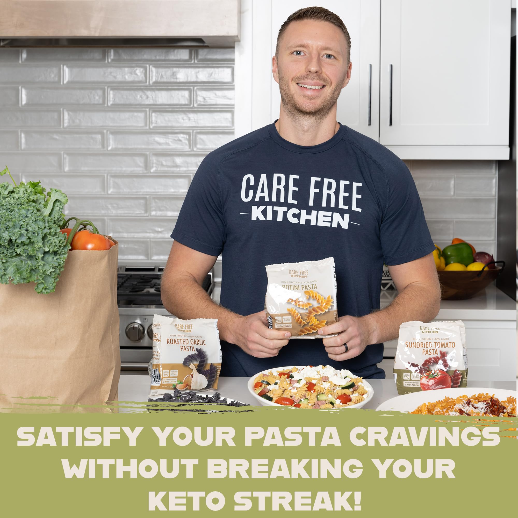 Care Free Kitchen Rotini Keto Pasta Noodles Variety 3-Pack (8 oz. Bags) Plain, Sundried Tomato, Roasted Garlic, 20g High Protein, Low Carb 2g Net