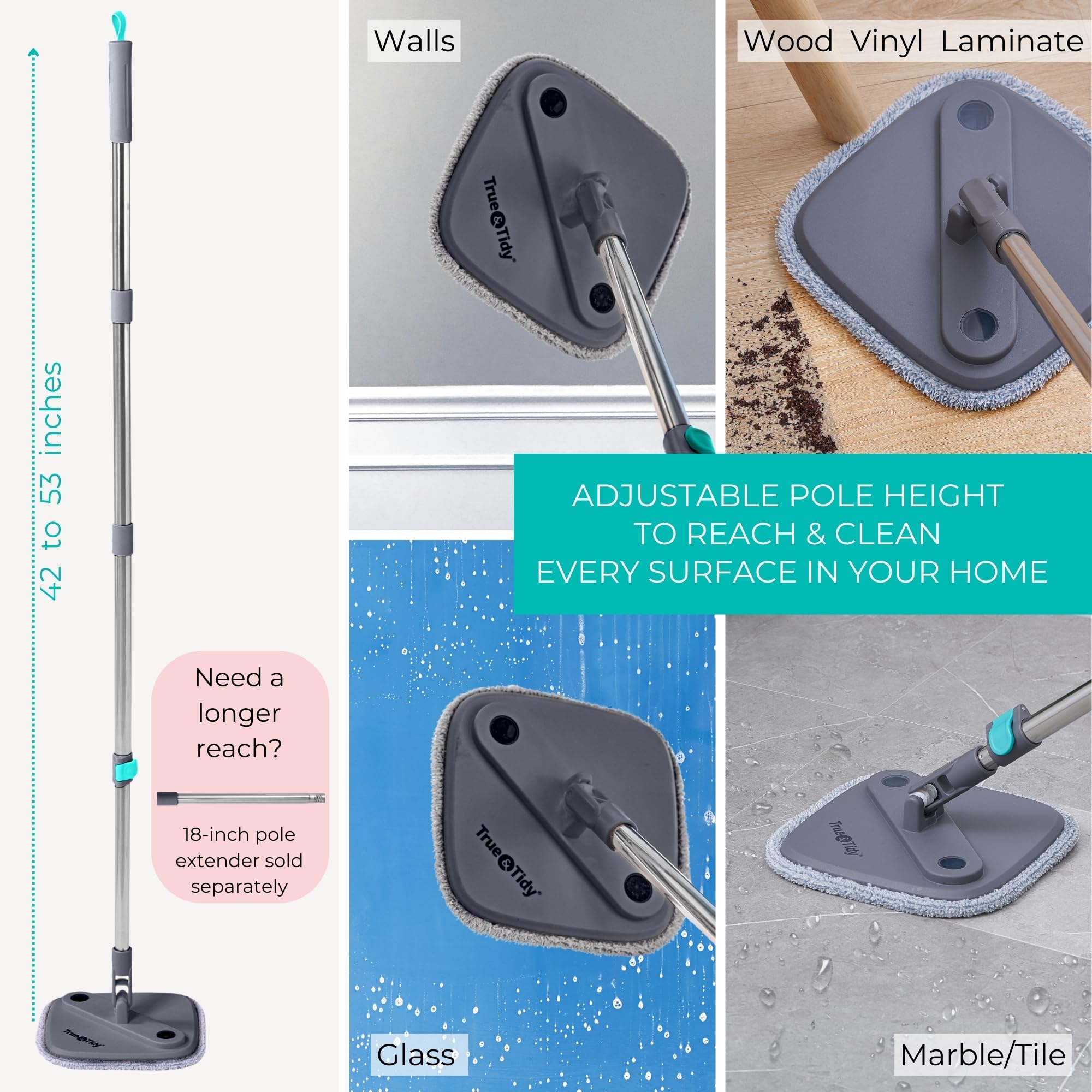 True & Tidy True Clean Spin Mop & Bucket System - Dual Compartment Design for Clean & Dirty Water, 360° Swivel Mop Head, Built-in Scrubbing Brush