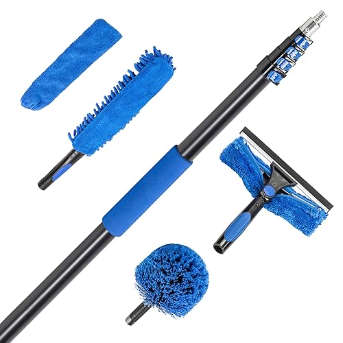 Vaughan 5 Piece Home Cleaning Kit with 24 Foot Telescoping Extension Pole, Window Squeegee and Washer, High Ceiling Fan Duster, Cobweb Duster