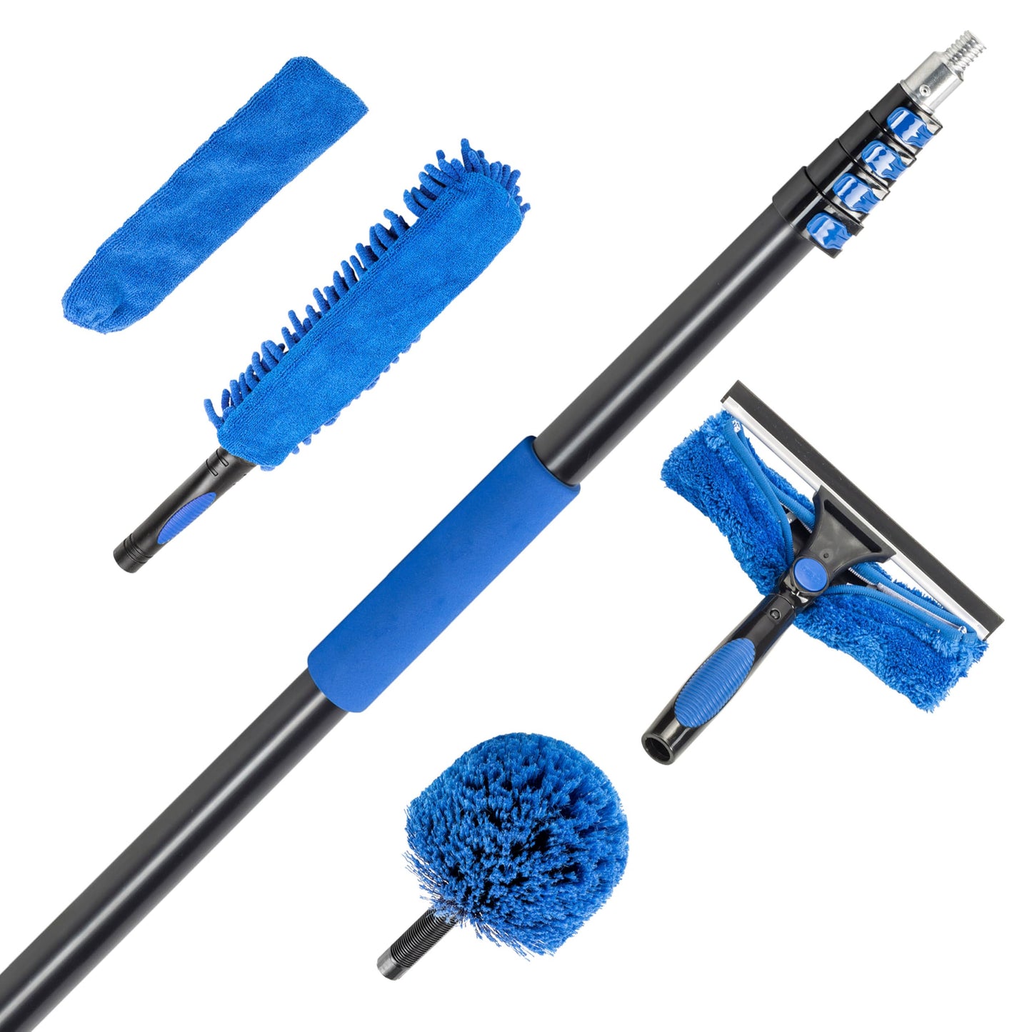 Vaughan 5 Piece Home Cleaning Kit with 24 Foot Telescoping Extension Pole, Window Squeegee and Washer, High Ceiling Fan Duster, Cobweb Duster