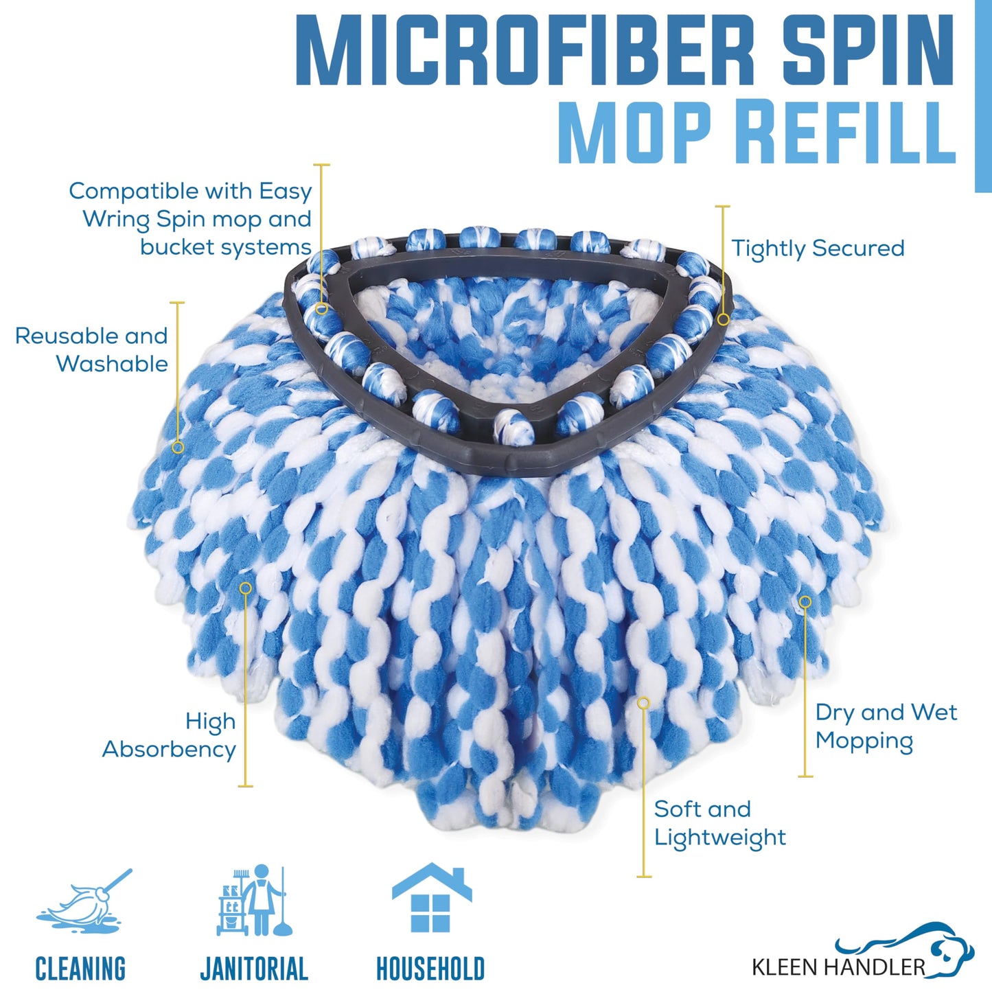 KLEEN HANDLER Microfiber Spin Mop Replacement Head Refills Compatible with O-Cedar EasyWring 1 Tank System, Blue, L (3-Pack)