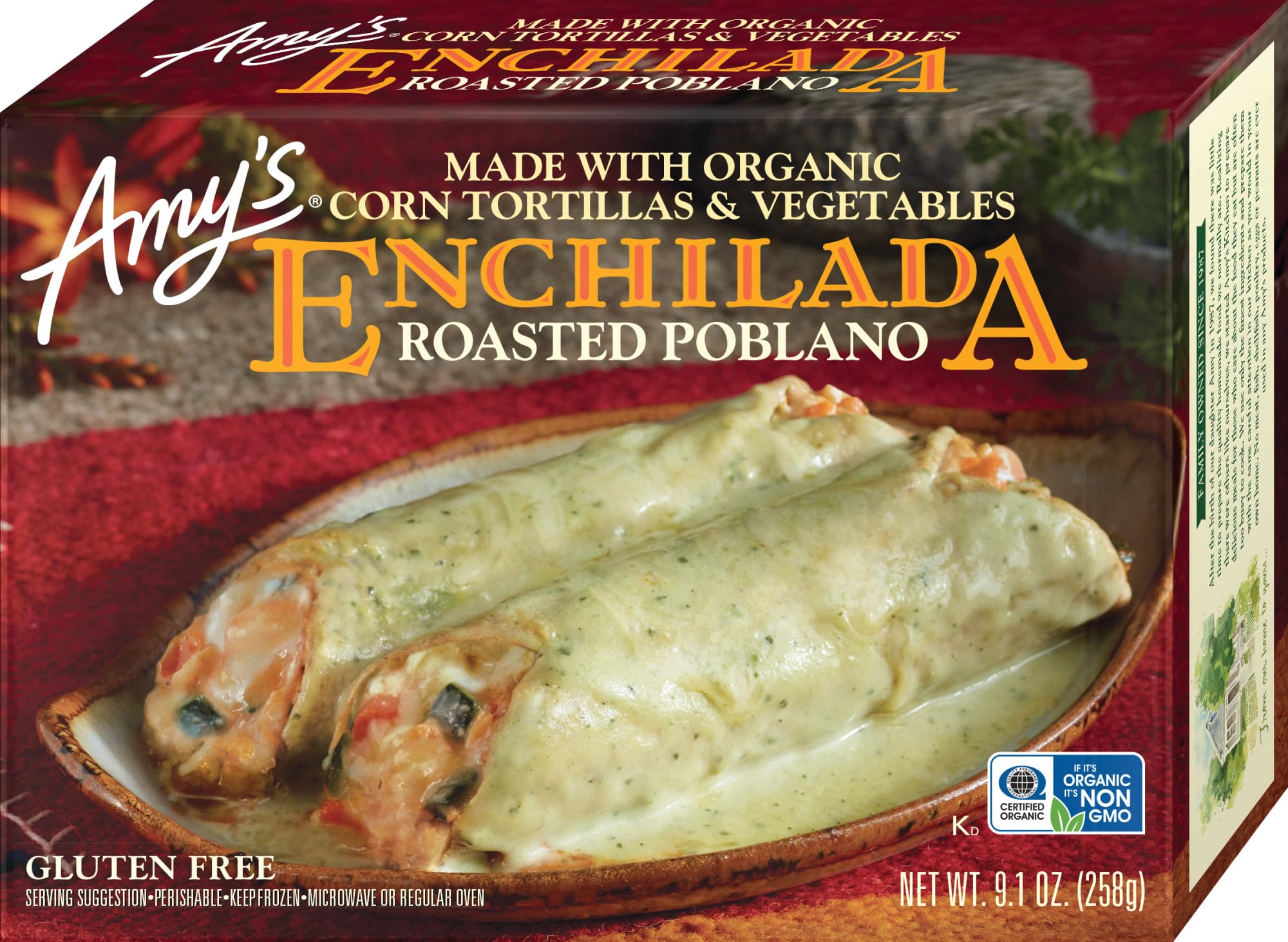 Amy's Frozen Meal, Roasted Poblano Enchilada, Made With Organic Corn and Vegetables, Gluten Free Microwave Meal, 9.1 Oz