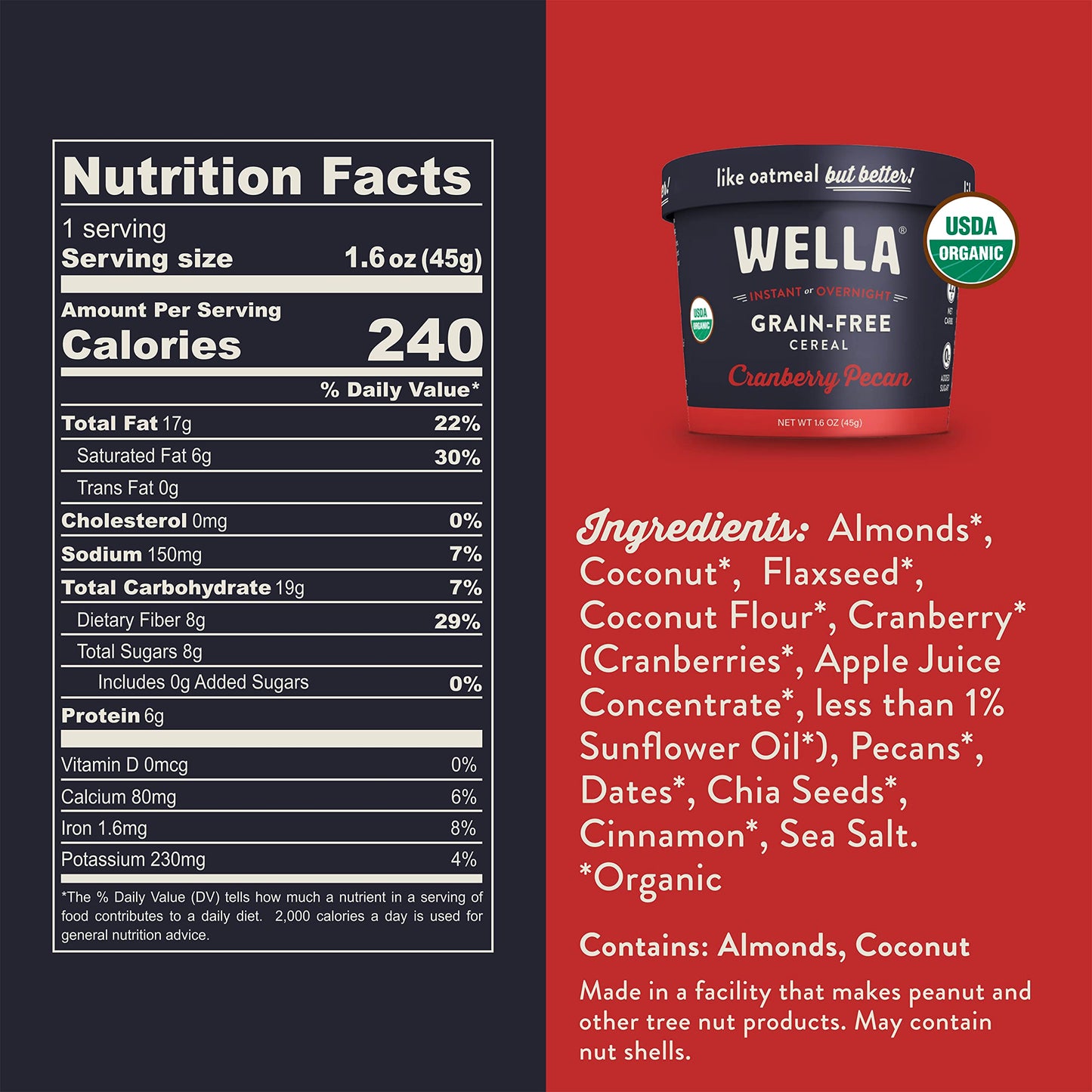 Wella Cereal Oatmeal Alternative, Gluten-Free Breakfast Hot Cereal, Grain-Free Paleo Organic Vegan High Protein Superfood, Plant-Based Non-GMO, Low in